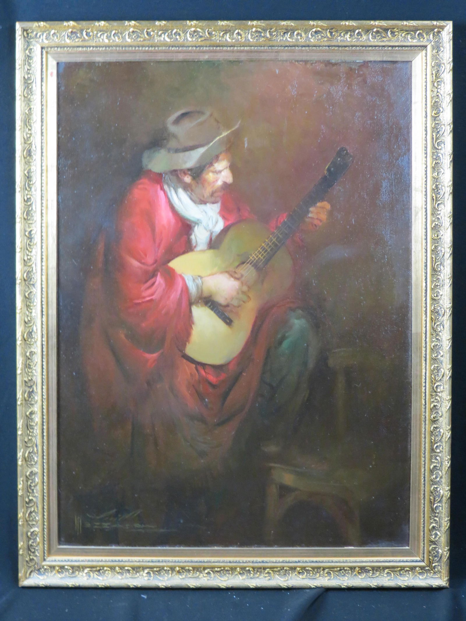 Carlo Mezzadra, oil, "Payador de Boliche", seated man playing guitar, on canvas, image area  29" X (1 of 6)