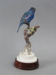 Royal Worcester Bird by Dorothy Doughty, "Indigo Bunting on Plum Twig", RARE single, 17 made,: Royal Worcester Bird by Dorothy Doughty, "Indigo Bunting on Plum Twig", issued in 1937, only 17 made, 9 1/2" plus wooden bases, with wood box. This example photographed on page 72 plate 9, in "America