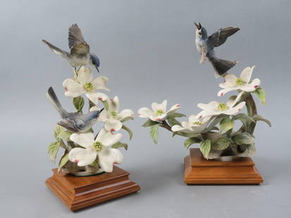 Pair of Royal Worcester Birds by Dorothy Doughty, "Blue-grey Gnatcatchers and Dogwood", male and: Pair of Royal Worcester Birds by Dorothy Doughty, "Blue-grey Gnatcatchers and Dogwood", male and female, issued in 1955, taller one is 11" plus wooden bases.....