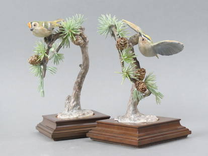 Pair of Royal Worcester Birds by Dorothy Doughty, "Goldcrest & Larch", each #5 of an edition of 500,: Pair of Royal Worcester Birds by Dorothy Doughty, "Goldcrest & Larch", each #5 of an edition of 500, 8 3/4" plus wooden bases, with certificates........