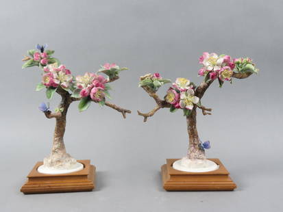 Pair of Royal Worcester Birds by Dorothy Doughty, "Crab Apple Sprays & Butterfly", issued in 1940,: Pair of Royal Worcester Birds by Dorothy Doughty, "Crab Apple Sprays & Butterfly", issued in 1940, only 250 made, male and female, 10 1/2".....Throughout its rich history, Royal Worcester became synon