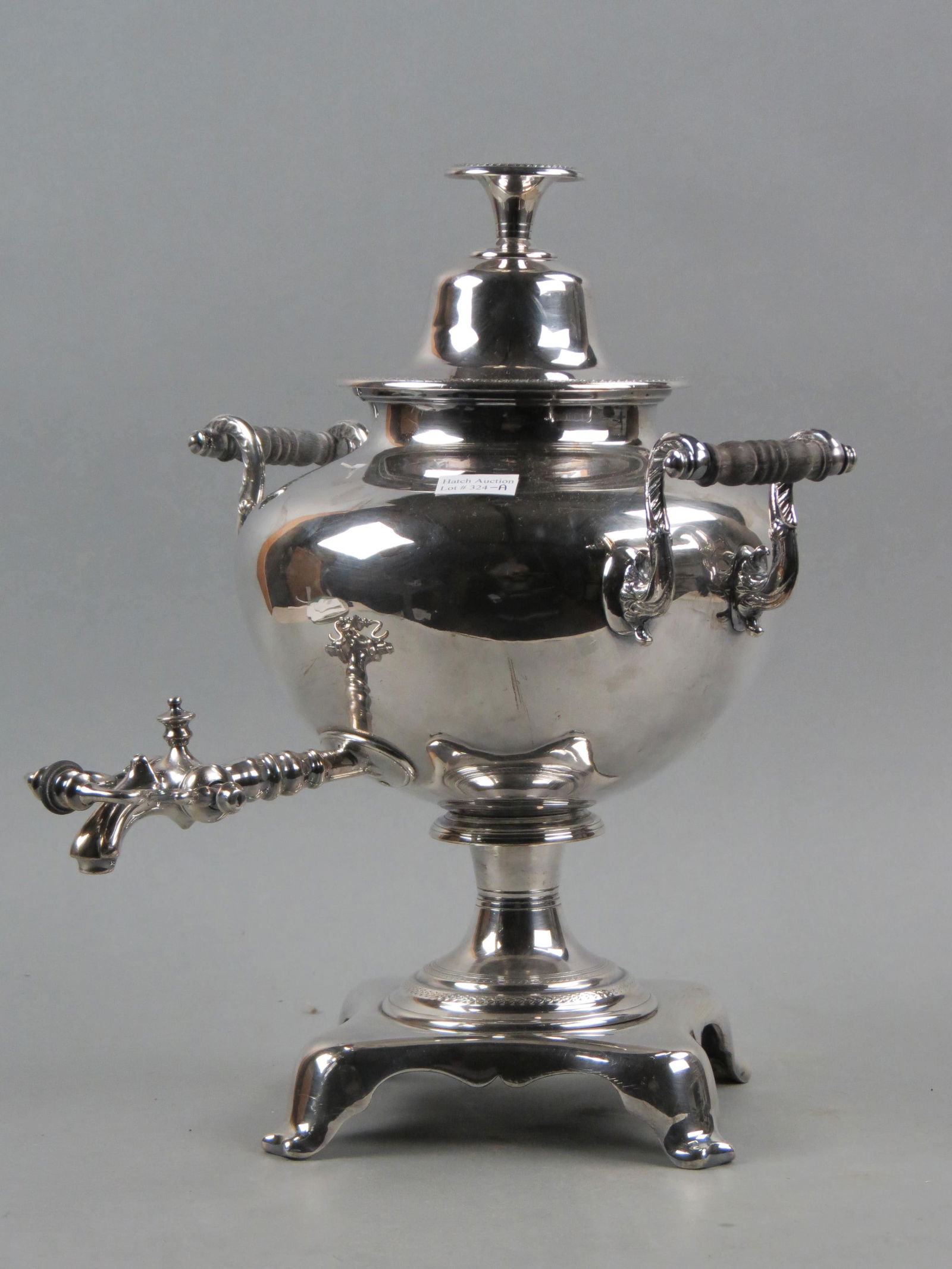 Early Sheffield Silverplate Hot Water Urn, with inner ice or coal compartment, footed, 16"  tall. (1 of 4)