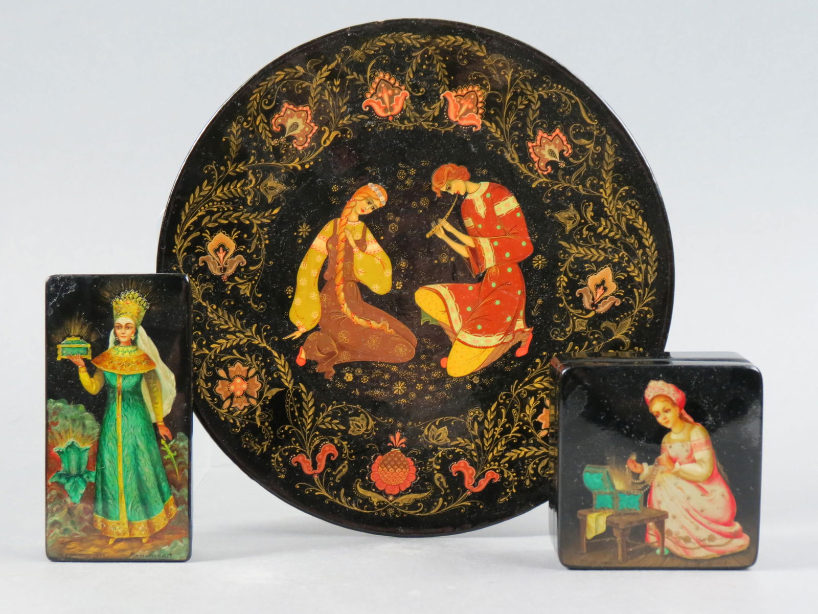 3 pcs. Russian Lacquerware; 2 boxes, both with young princess and jewelry box  decor, one 3" X 3" (1 of 6)