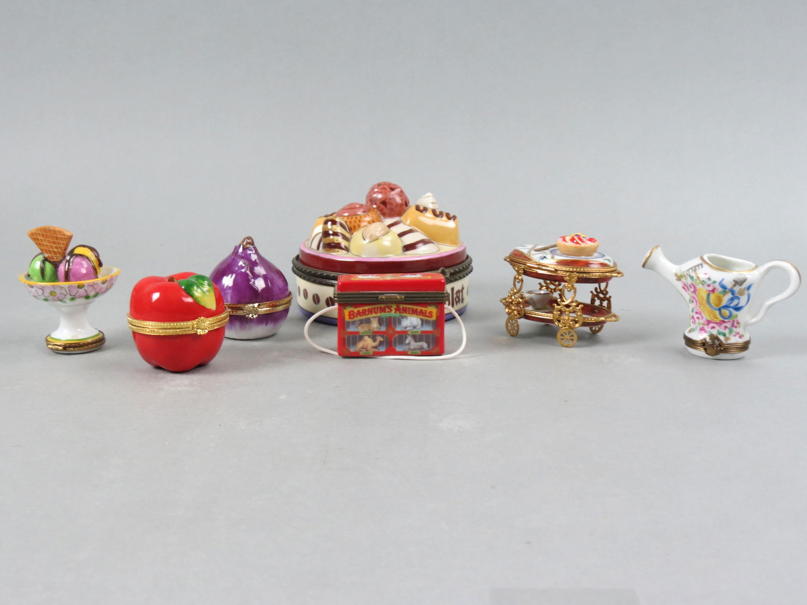 7 Figural Porcelain Boxes by Limoges & others, includes figural apple, dessert cart, watering  can, (1 of 6)