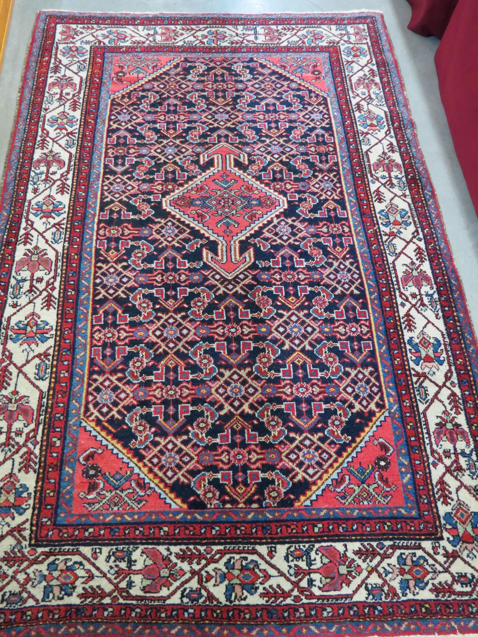 Hamadan Persian Handmade Rug, stylized florals on indigo field, multi-border,  4'6" X 6'11". (1 of 6)
