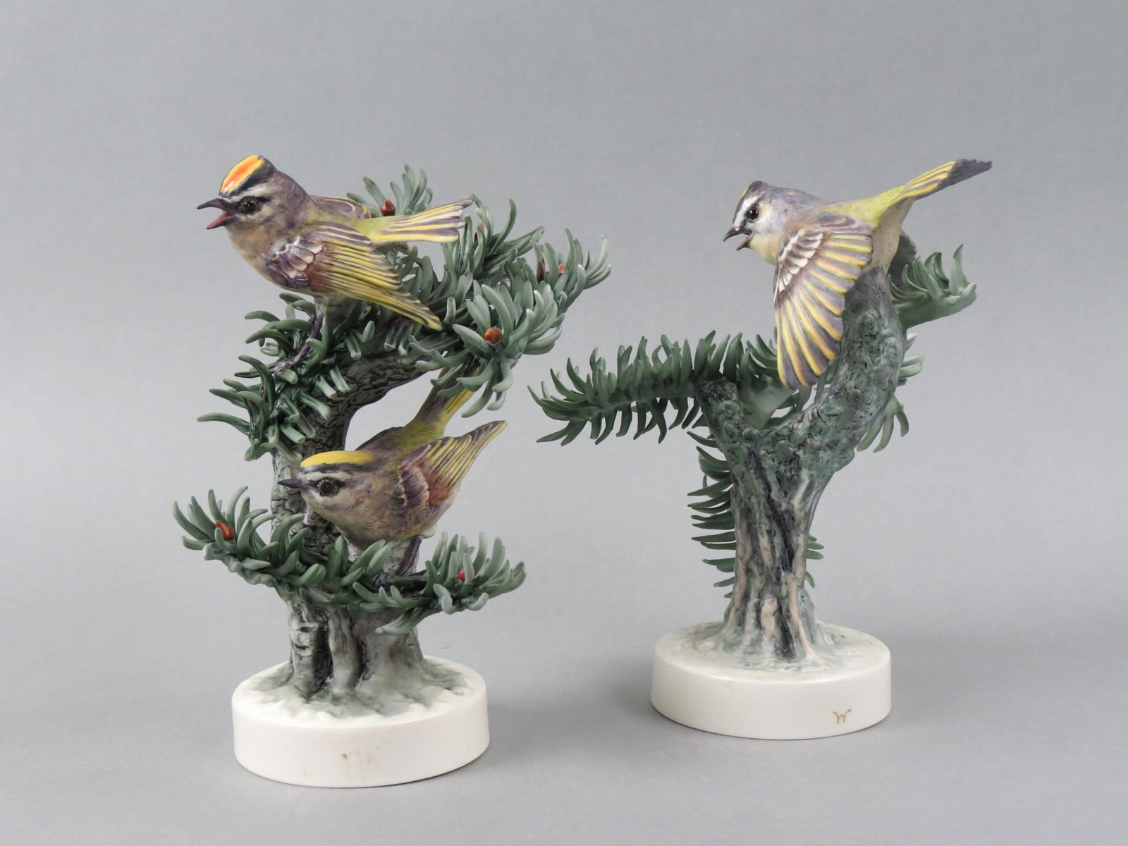 Pair of Royal Worcester Birds by Dorothy Doughty, "Golden Crowned Kinglets and Noble Pine, male and (1 of 7)