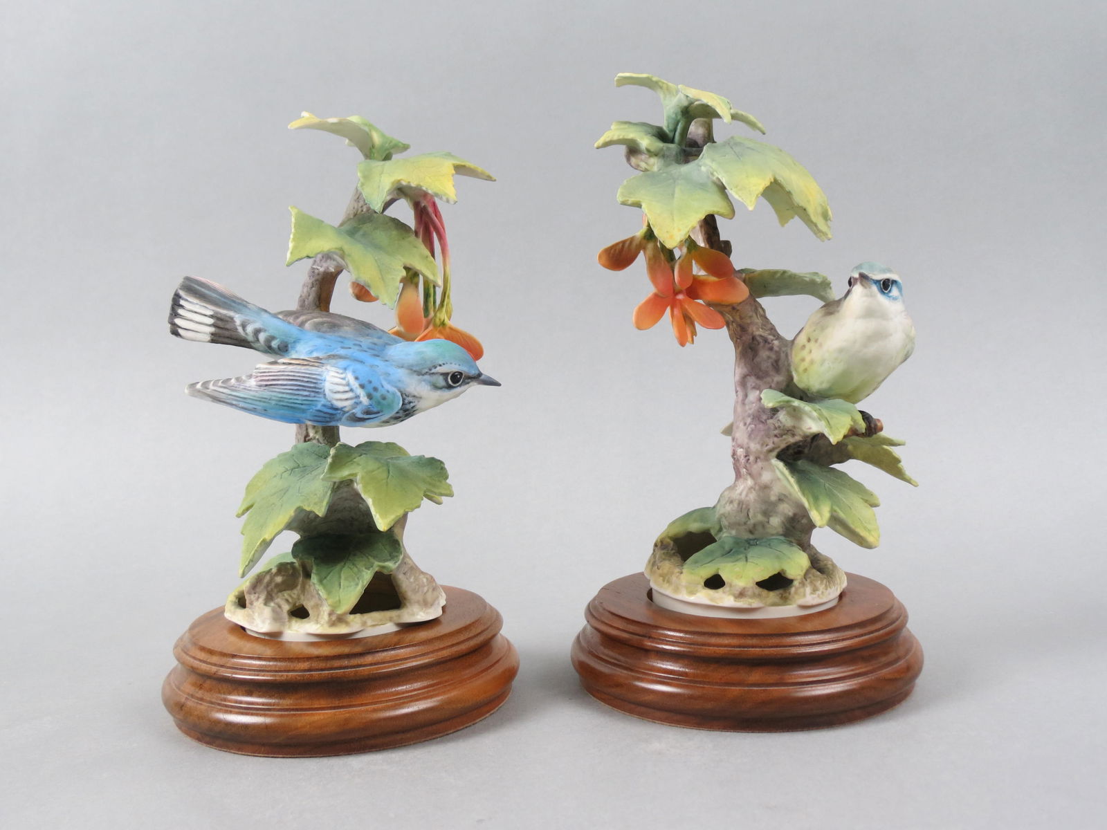 Pair of Royal Worcester Birds by Dorothy Doughty, "Cerulean Warblers & Red Maple, male and female, (1 of 8)