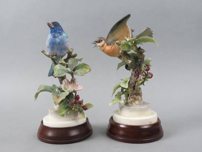 Pair of Royal Worcester Birds by Dorothy Doughty, "Indigo Buntings and Blackberry", male and female,: Pair of Royal Worcester Birds by Dorothy Doughty, "Indigo Buntings and Blackberry", male and female, issued in 1941, 8 1/2" plus wooden bases......Throughout its rich history, Royal Worcester became s