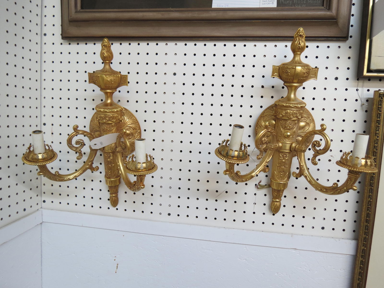Pair of Gold Metal Wall Sconces, torch and flame style decoration, double light,  18" tall, 12" (1 of 3)