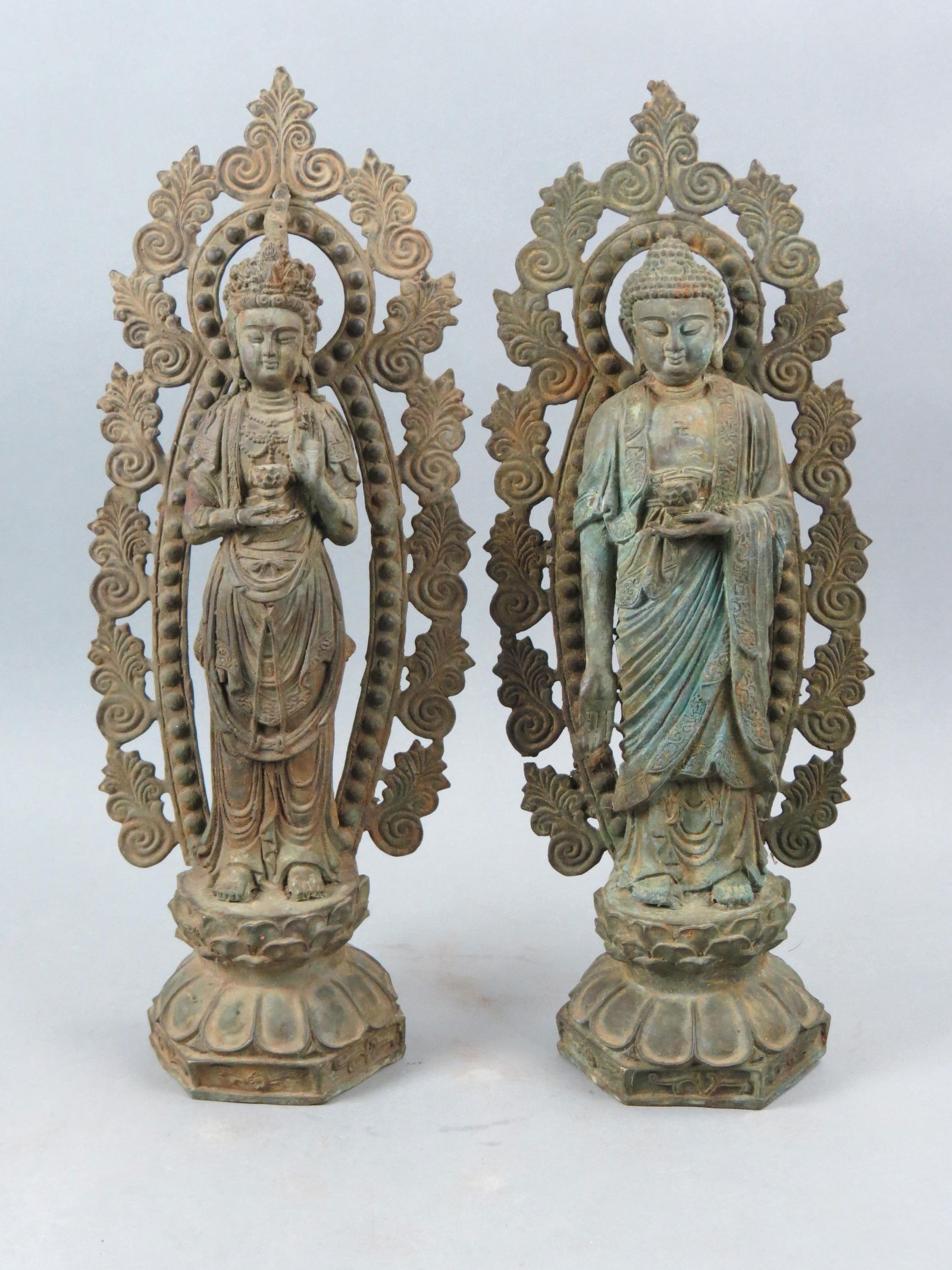 2 Chinese Bronze Buddha Statues, one Kuan Yin, both Tang Dynasty style, each 21  3/4" tall. (1 of 8)