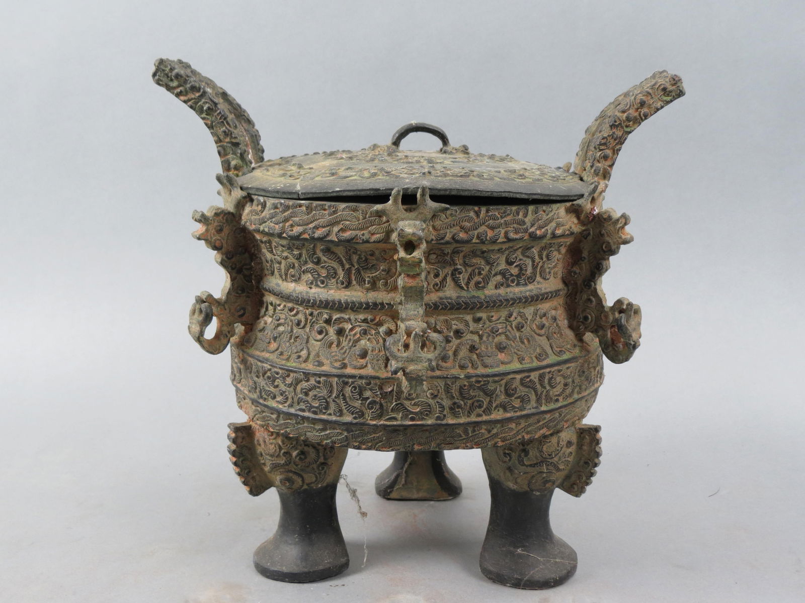 Asian Archiac Style Bronze Censor, tri-footed, handled, applied creatures on sides,  10" diameter, (1 of 5)