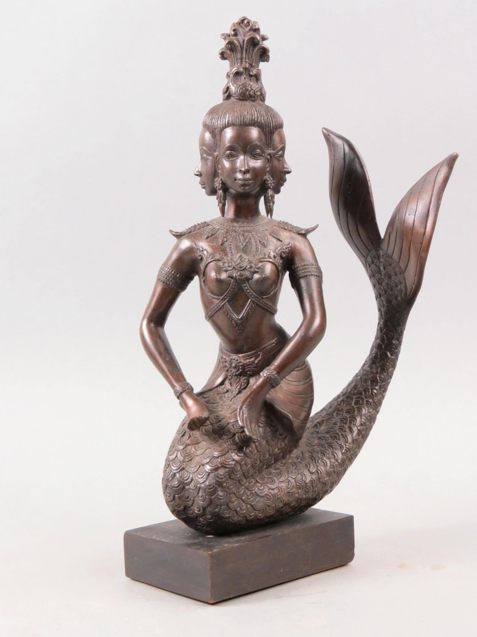 Asian Bronze of a Mermaid with Four Faces, 15" tall plus wooden base, excellent. (1 of 5)