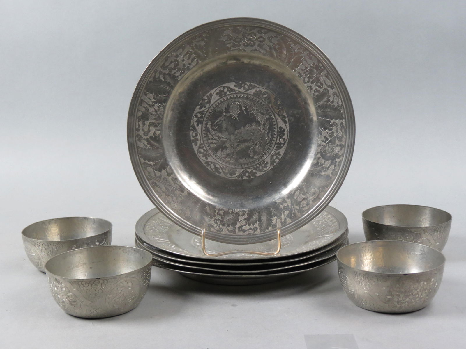 9 pcs. Chinese Pewter, finely engraved dragons and foliage and landscape scenes, 5 plates (10 1/2') (1 of 6)