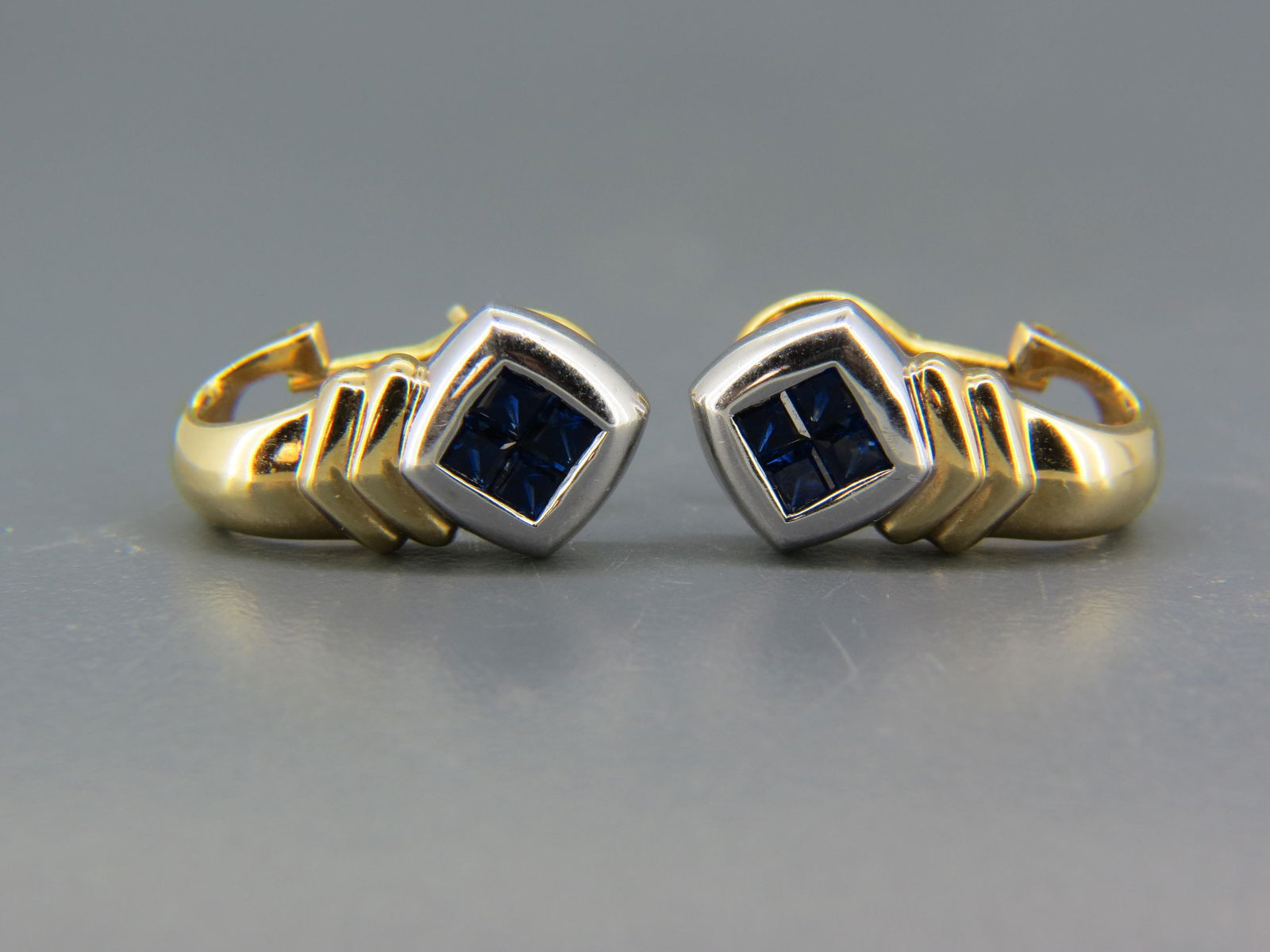 Sapphire 14K Gold Earrings, each with 4 vivid square cut gems, invisibility  set, signed, 14K yellow (1 of 4)
