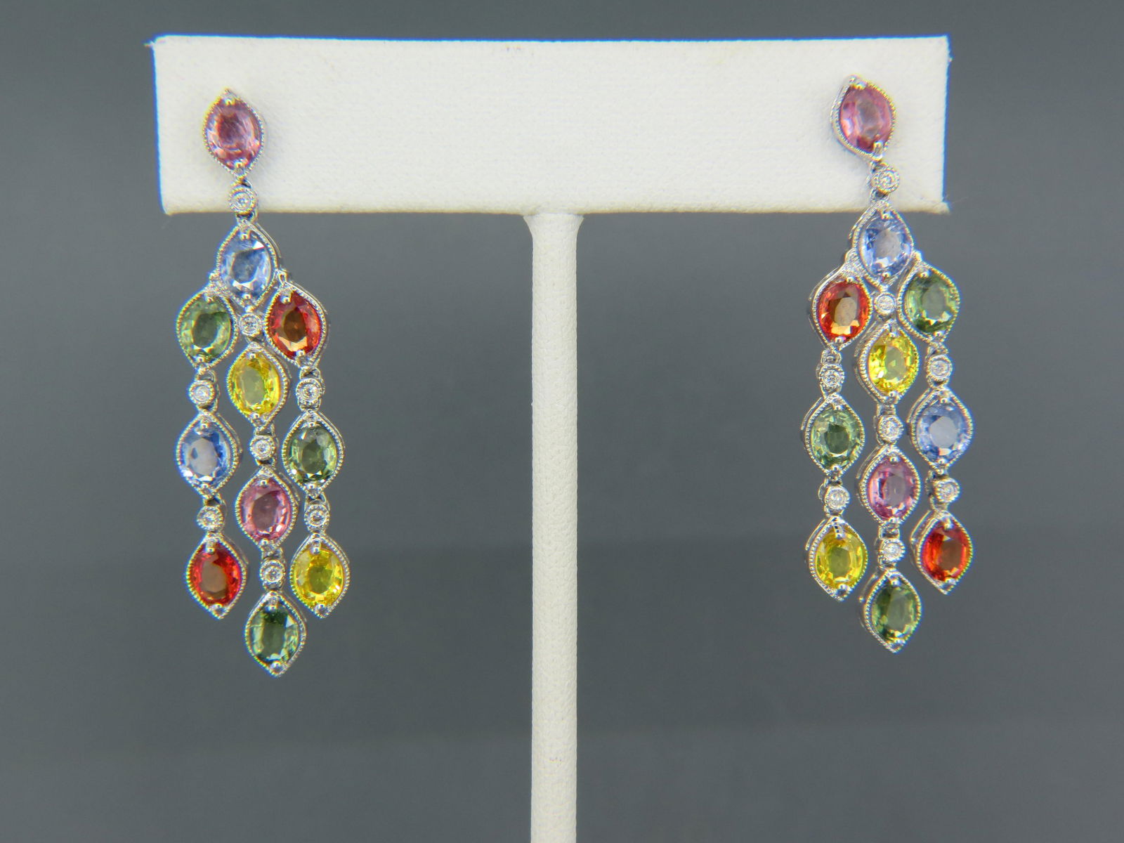Sapphire & Diamond 14k Gold Dangling Earrings, 22 oval sapphires in various colors totaling 9.45 (1 of 6)