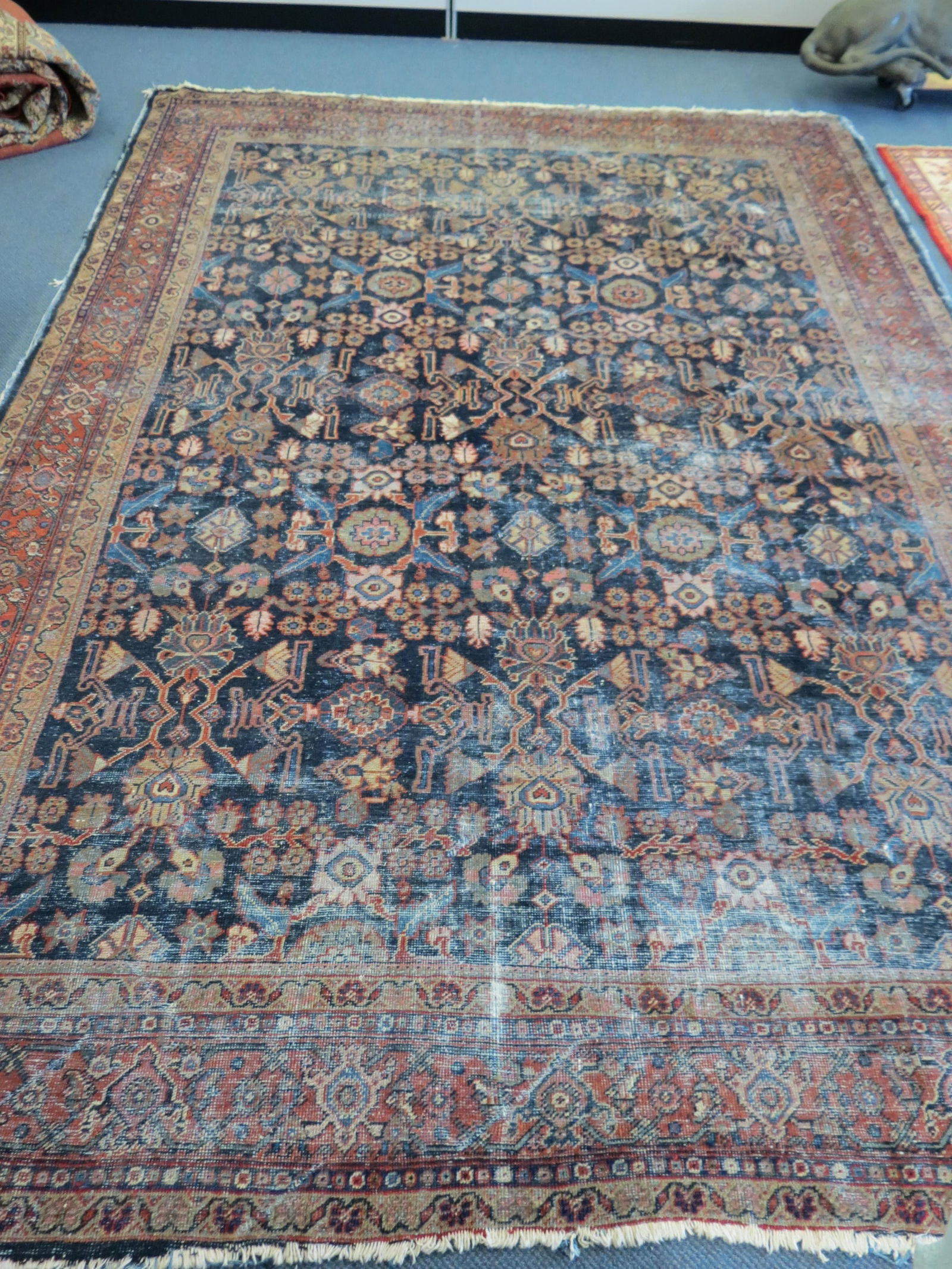 Mahal Persian Handmade Room Size Rug, stylized floral on indigo field, 7'11" X 10'10",  overall (1 of 7)