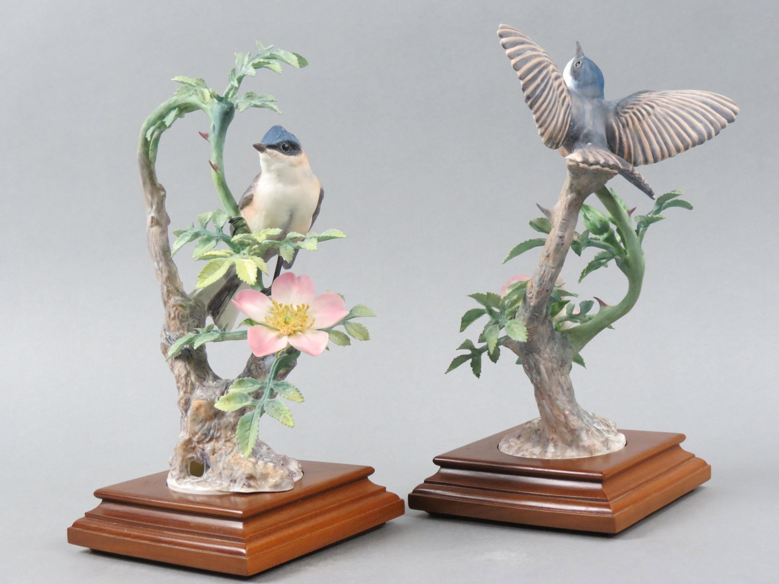 Pair of Royal Worcester Birds by Dorothy Doughty, "Lesser White Throats", male and female, issued in: Pair of Royal Worcester Birds by Dorothy Doughty, "Lesser White Throats", male and female, issued in 1964, 9 1/2" plus wooden bases, with original wooden boxes.....Dorothy Doughty was born in San Remo