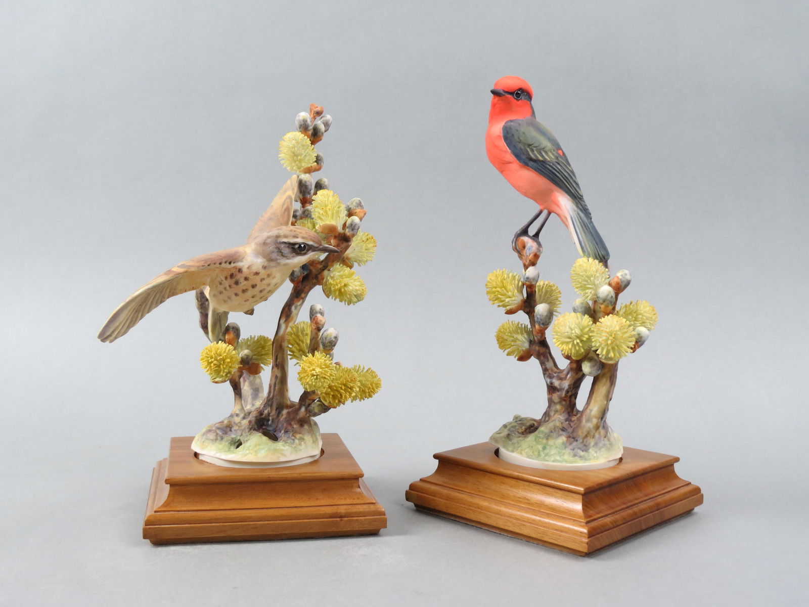 Pair of Royal Worcester Birds by Dorothy Doughty, "Vermillion Flycatchers with Pussy Willow", male: Pair of Royal Worcester Birds by Dorothy Doughty, "Vermillion Flycatchers with Pussy Willow", male and female, issued in 1962, 9" plus wooden bases, with original wooden boxes....Dorothy Doughty was b