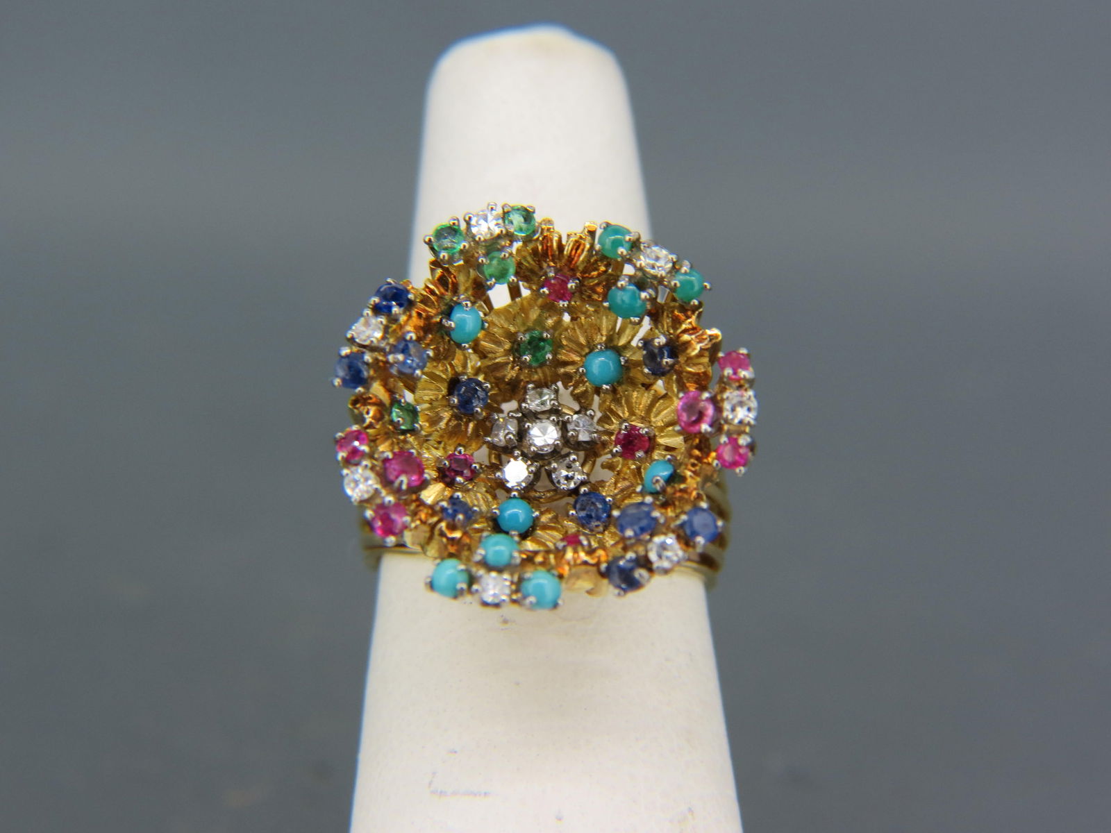 Diamond, Emerald, Sapphire Ruby, Tuquoise Ring, variuos gems in floral arrangement style deep (1 of 4)