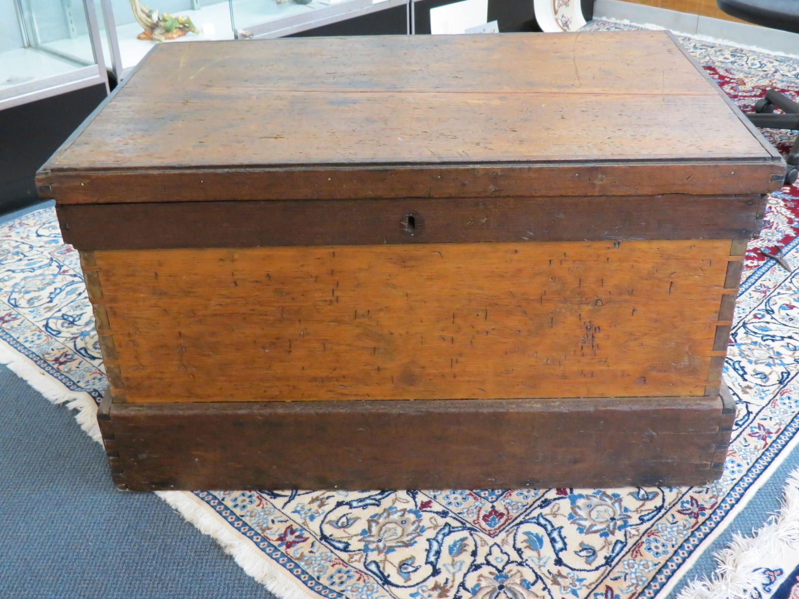 19th Century Carpenter's Tool Chest, inner sliding shelves and compartments,  dovetailed, metal side (1 of 6)