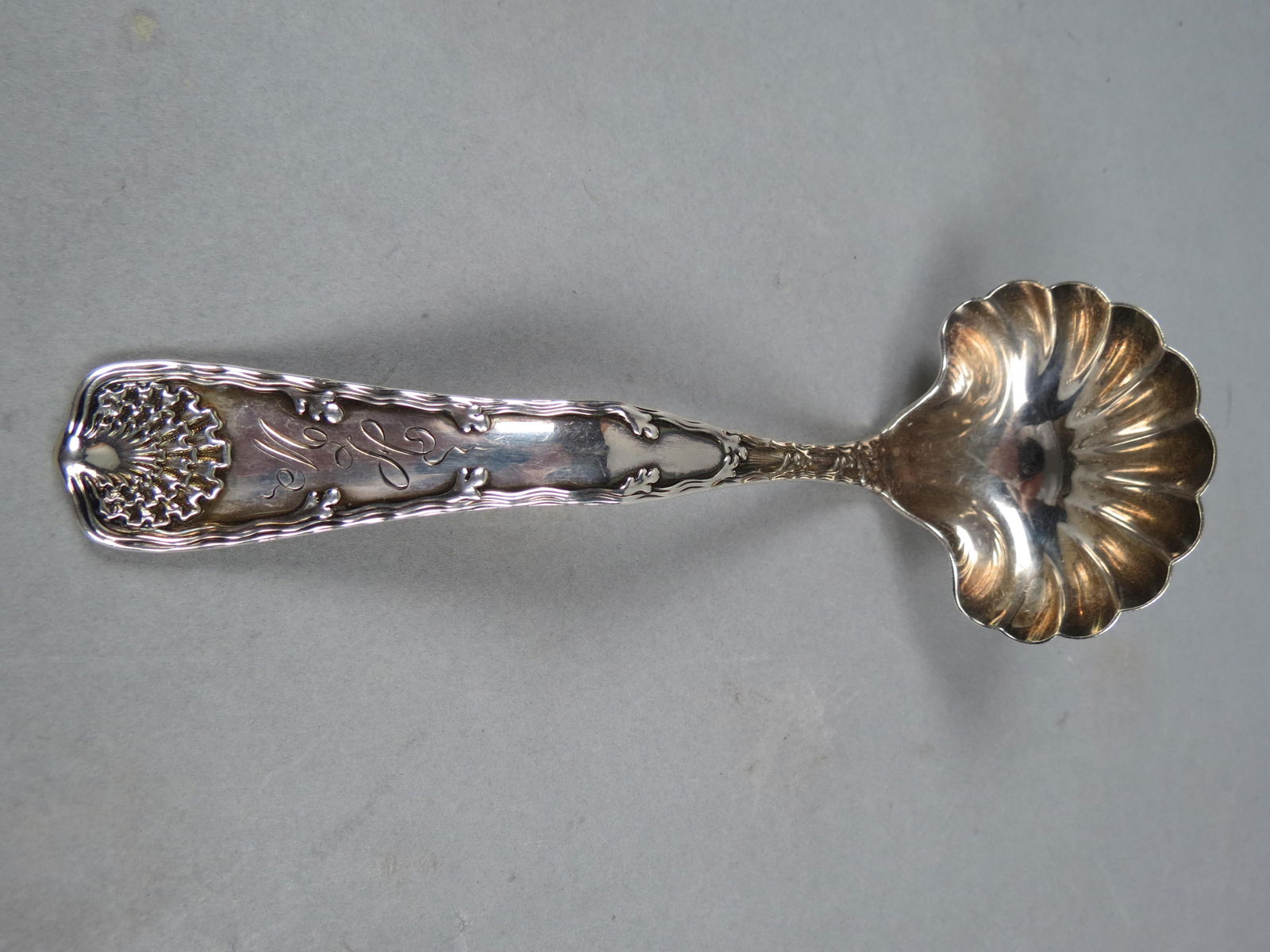 Tiffany Sterling "Wave Edge" Gravy Ladle, a popular 1884 pattern, 7" long, fancy bowl,  monogram (1 of 4)