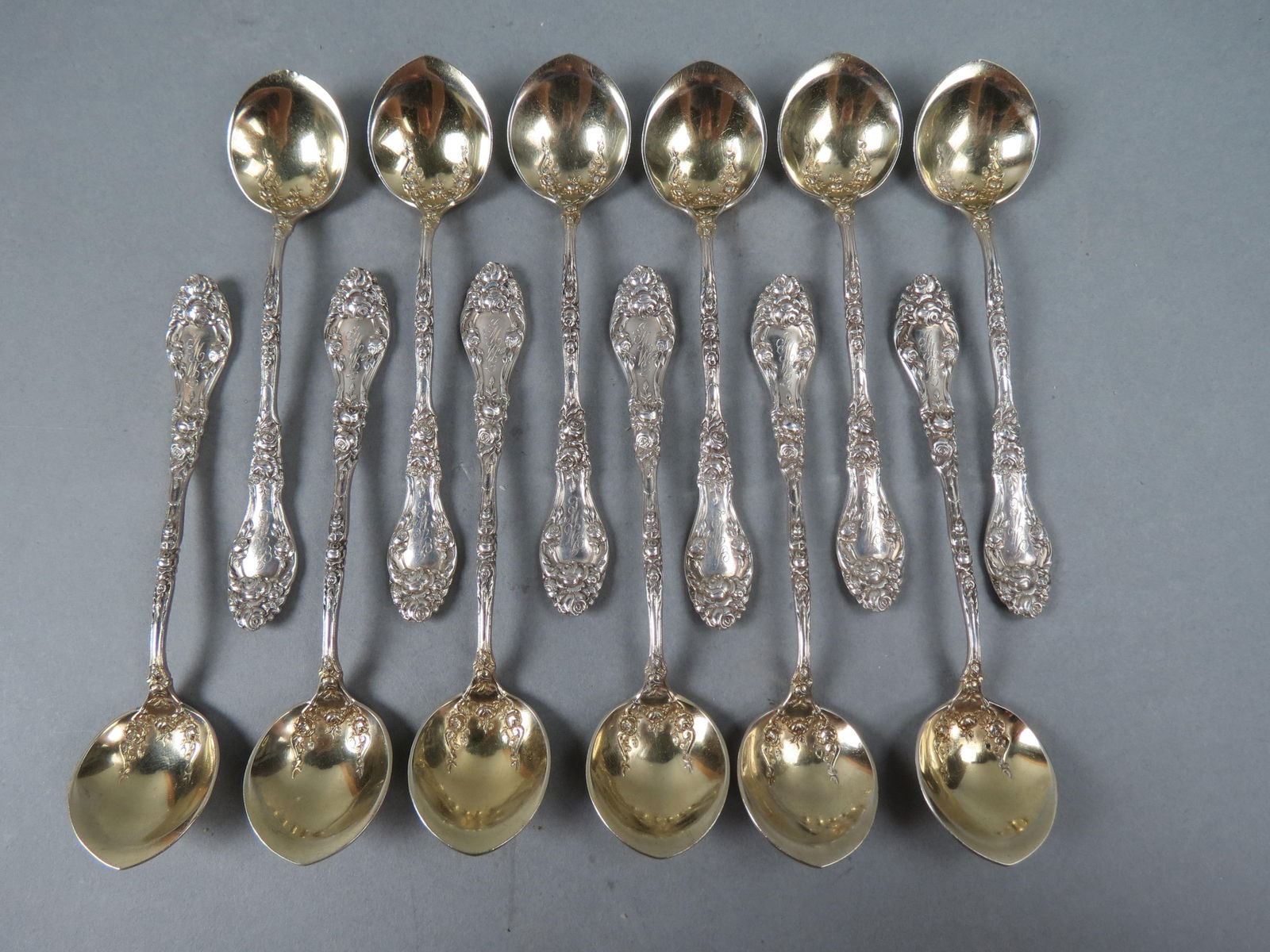 12 Durgin Sterling Ice Cream Spoons, 1896 pattern "Marechal Niel", 5 1/2", monogram  G.M.W.L.,  316 (1 of 5)