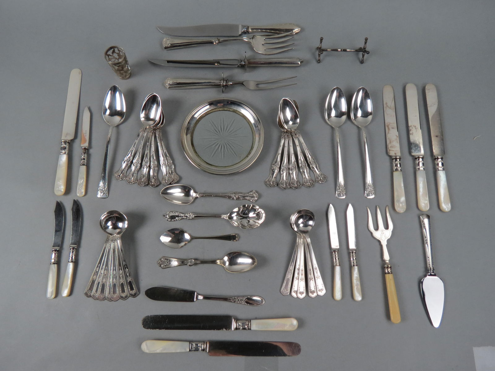 51 pcs. Estate Sterling & Silverplate; includes sterling rim coaster, sterling handled  servers, (1 of 7)