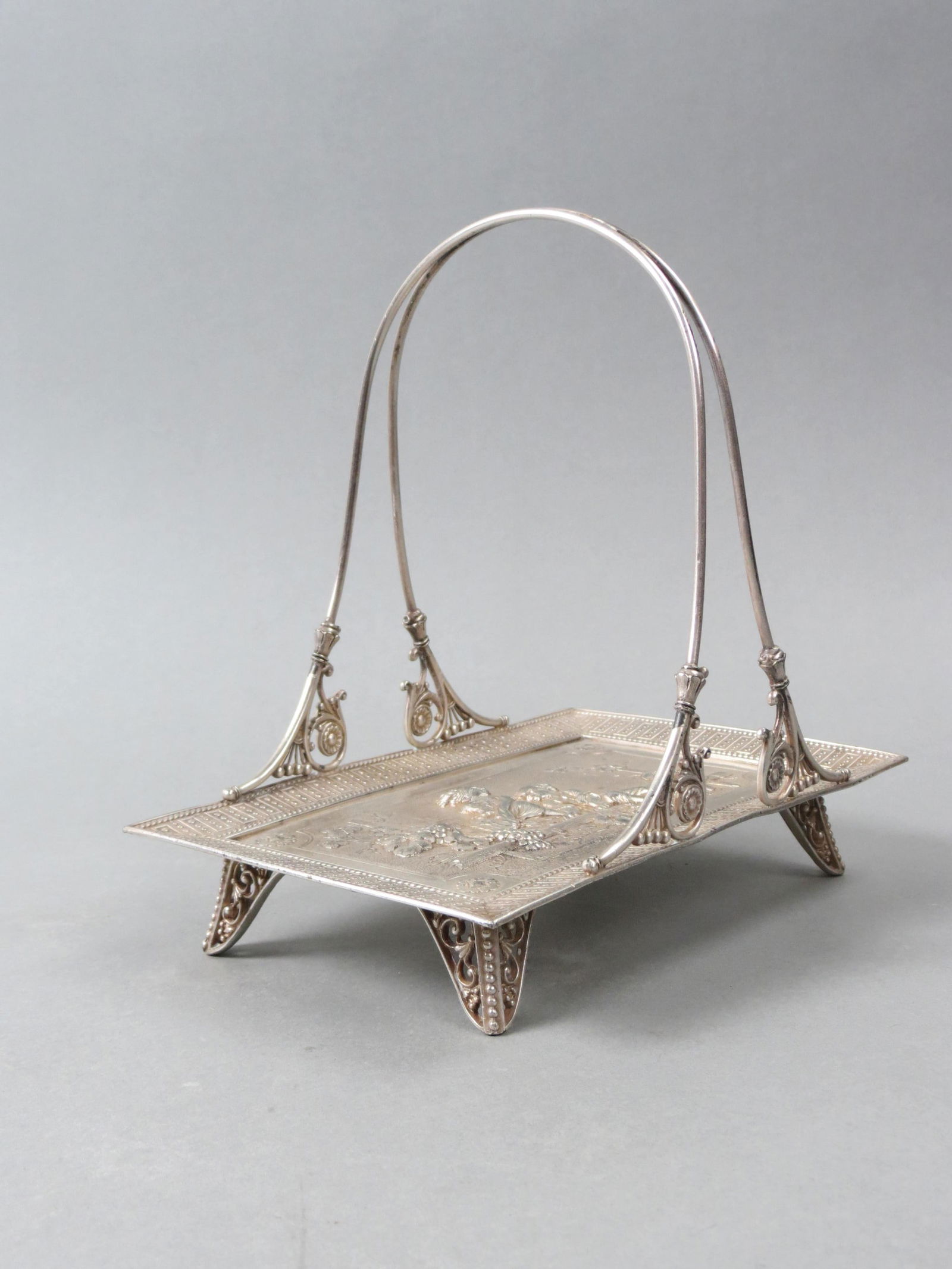 Victorian Silverplate Calling Card Tray, ornate scene of young couple in the woods, footed,  basket (1 of 4)