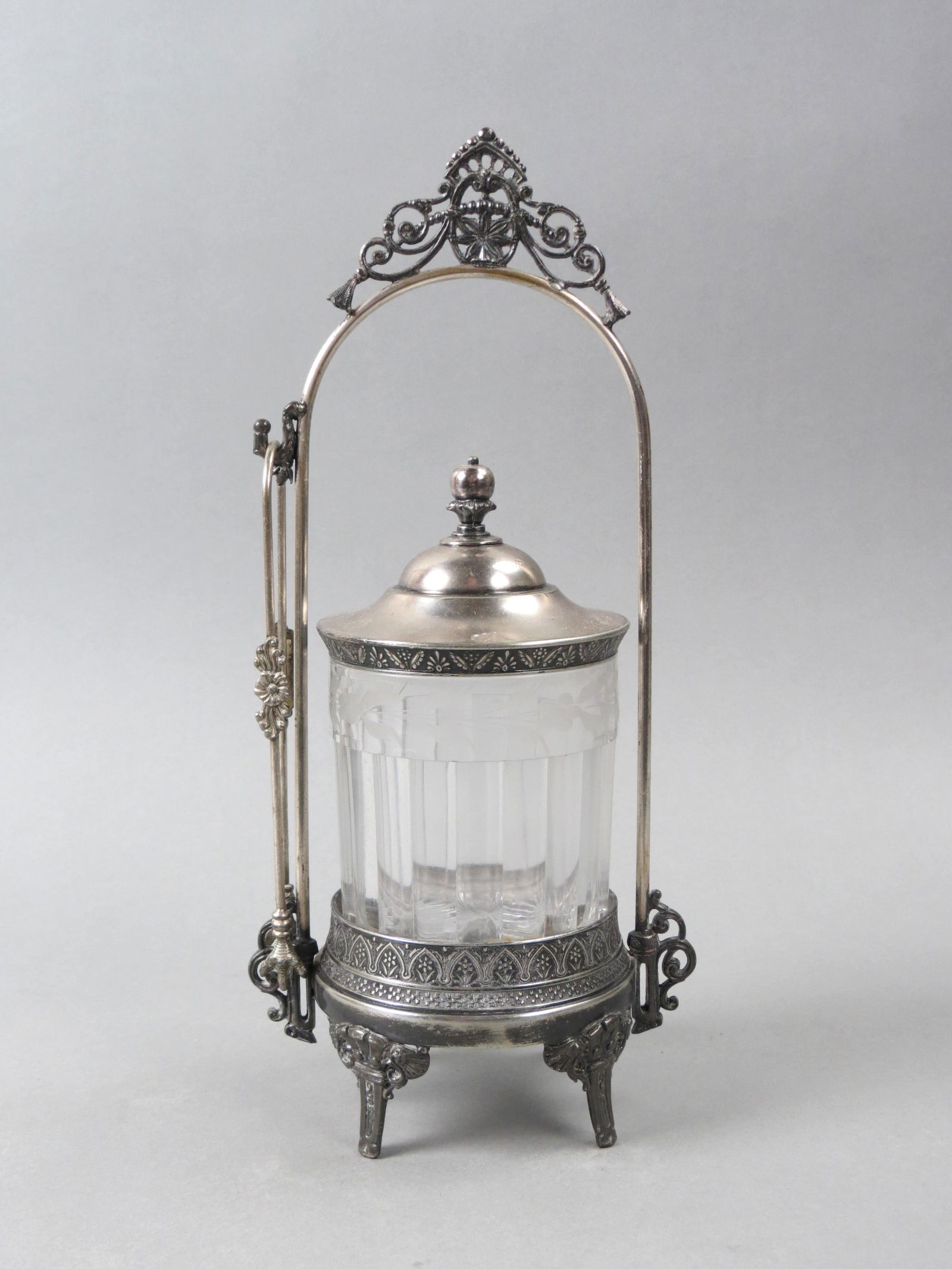 Victorian Silverplate & Glass Pickle Castor, by James Tufts, fancy silverplate holder and  tongs, (1 of 3)