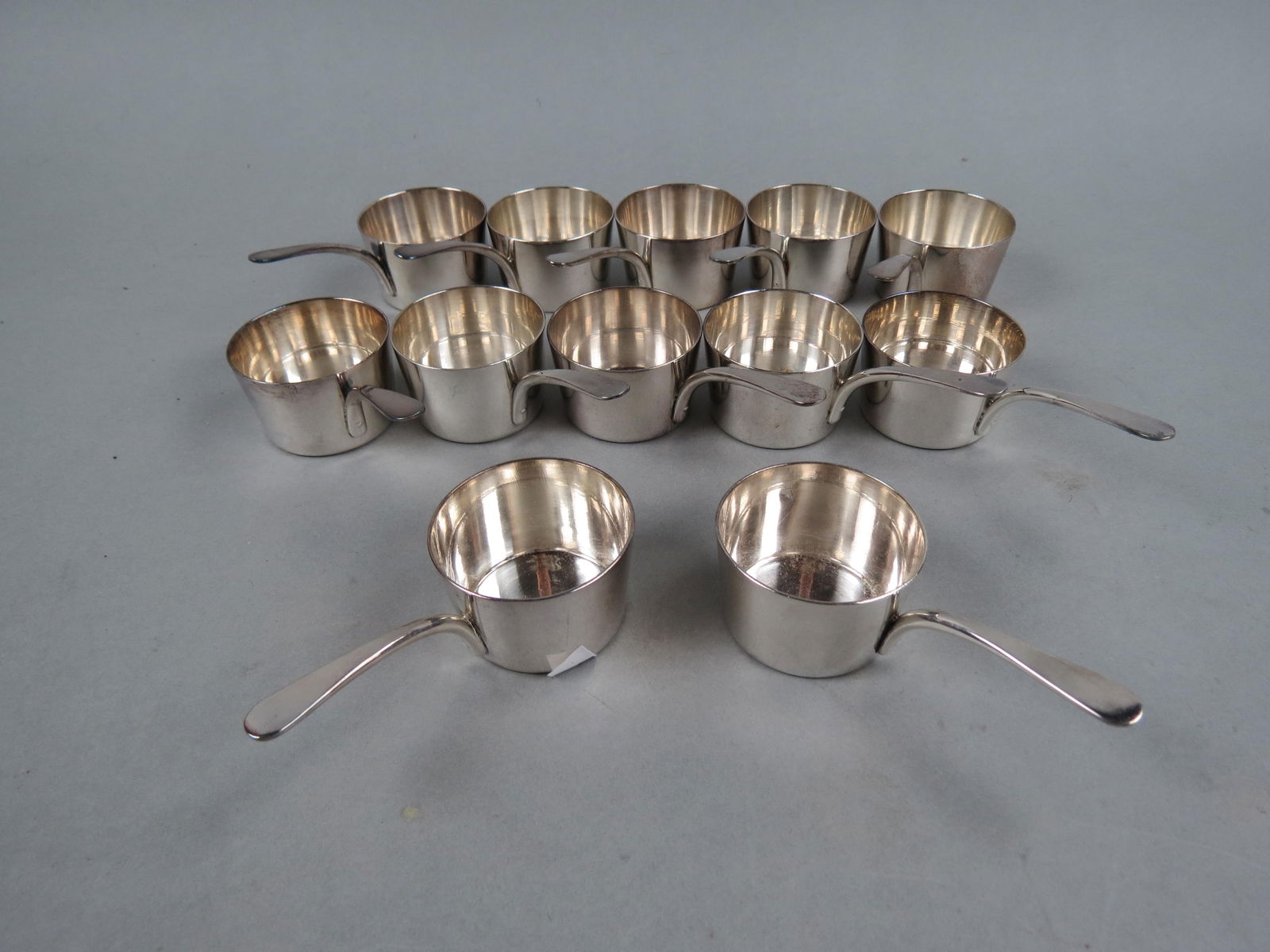 12 Christofle French Silverplate Ramekins, miniature pot form, 1 1/2" diameter plus long  handle, (1 of 2)