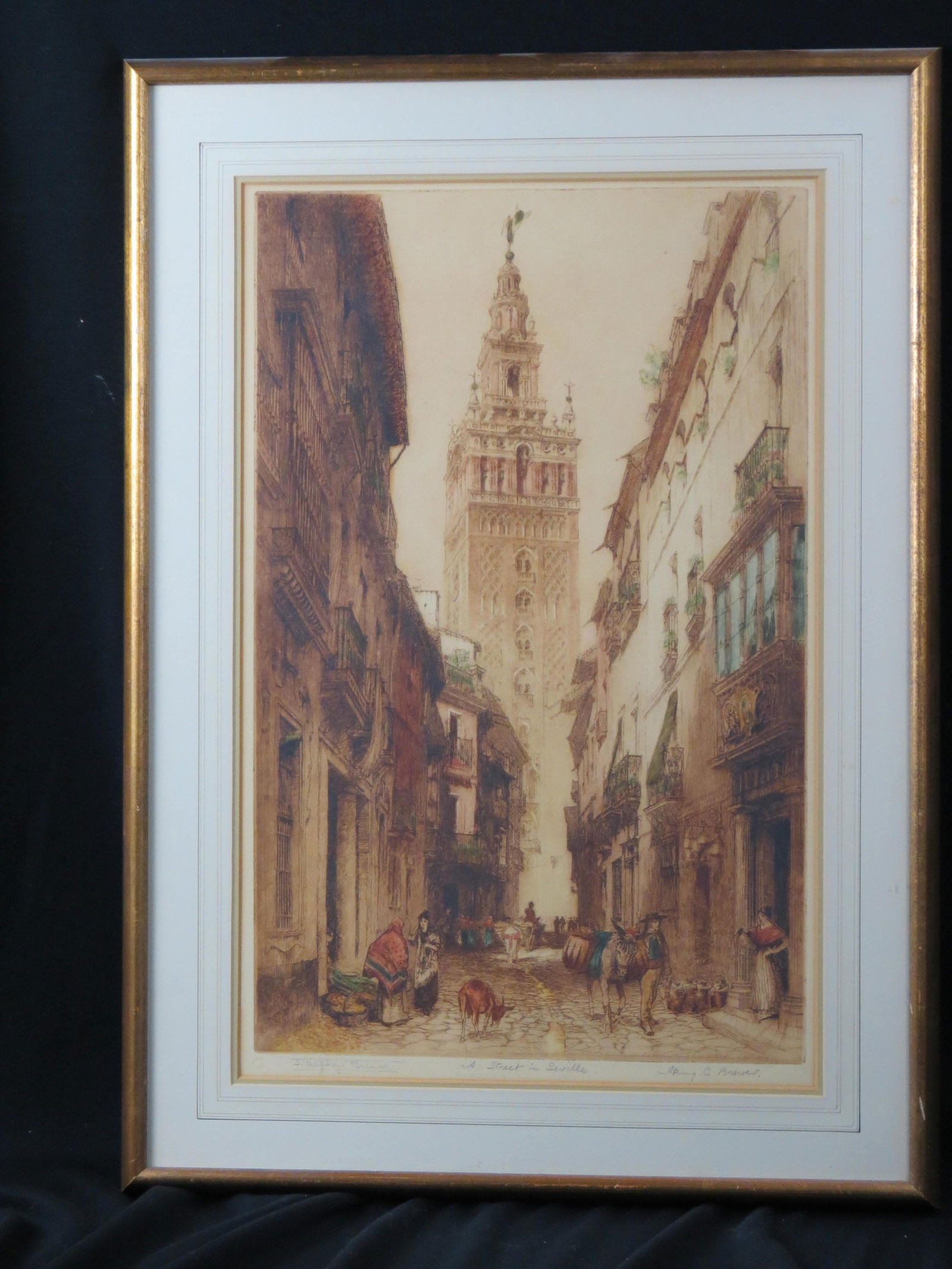James A. Brewer, etching, "A Street in Seville", with signatures of Henry Charles Brewer (Great (1 of 6)