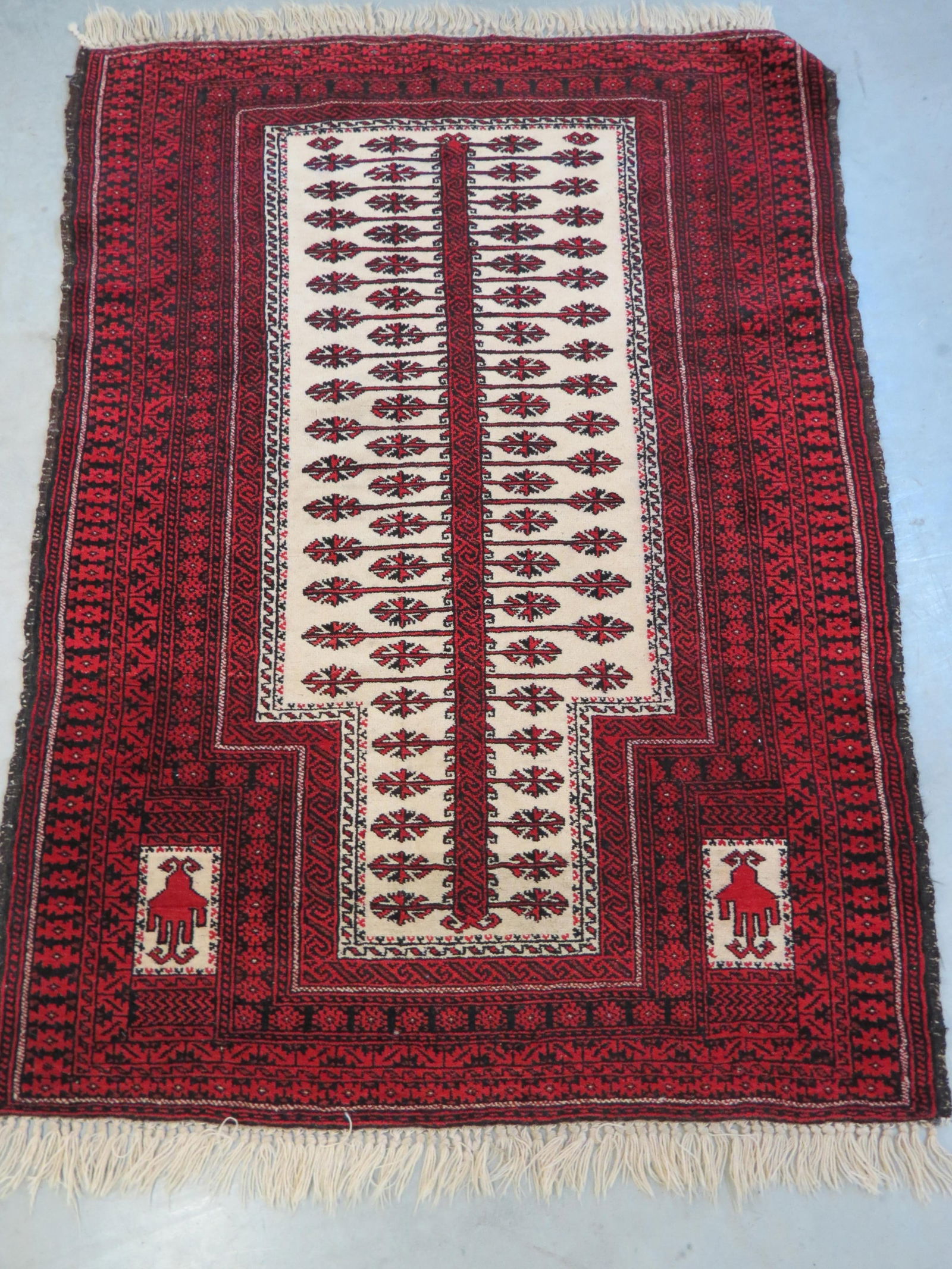 Belouchi Afganistan Handmade Prayer Rug, geometric designs, ivory center field with indigo  and red (1 of 5)