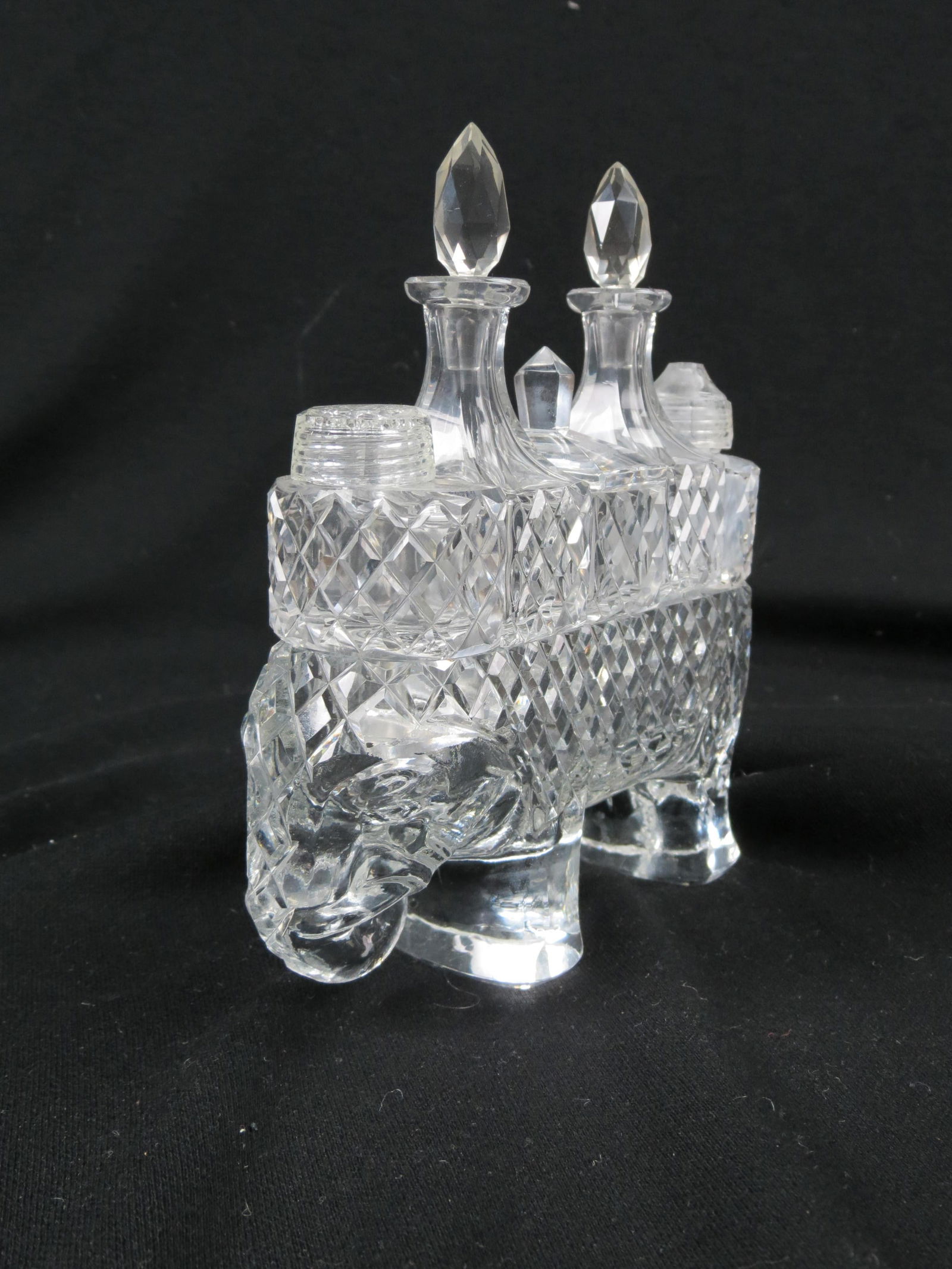 Unusual Cut Crystal Figural Elephant Condiment Set with cruets, mustard pot, salt and pepper, 7" (1 of 3)