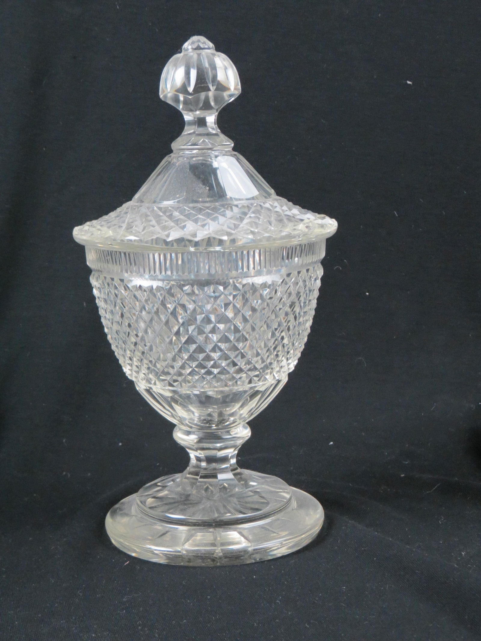 Anglo-Irish Cut Crystal Jar, or covered compote, diamond decor, pedestal tiered  base, 13" tall,  6 (1 of 4)