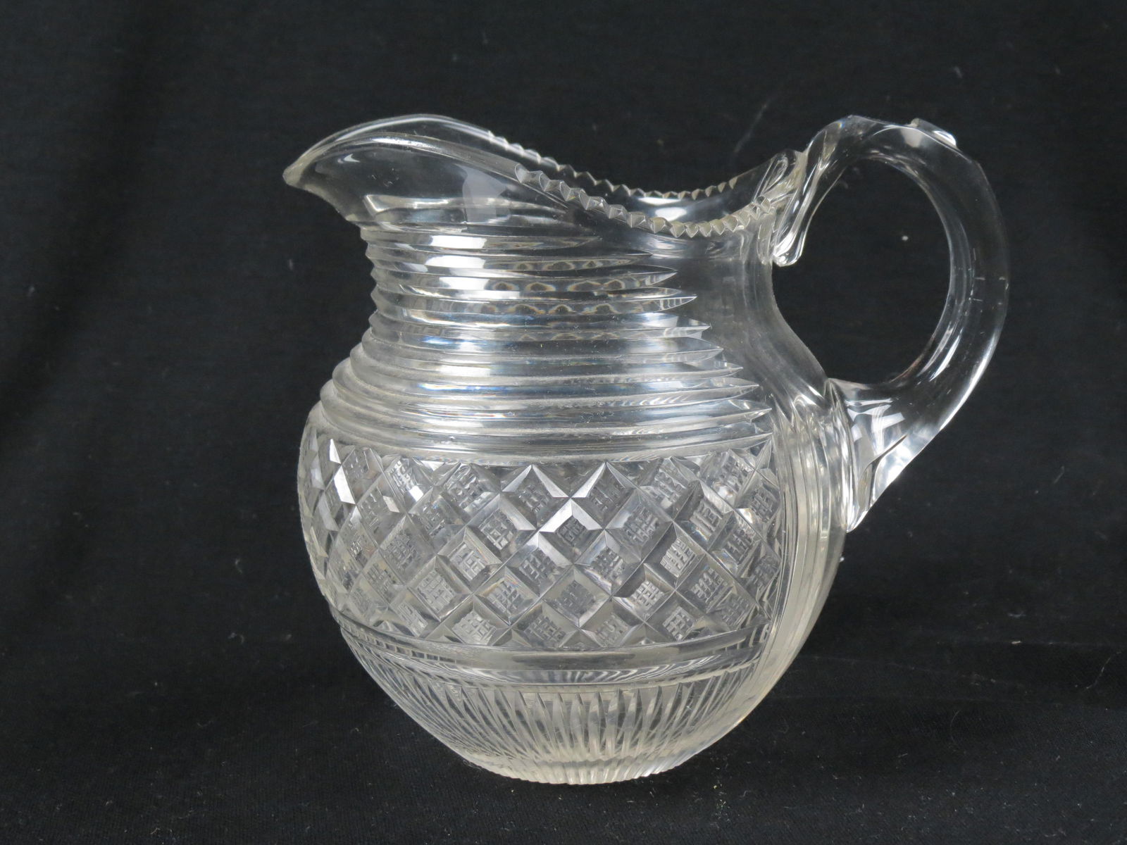 Anglo-Irish Cut Crystal Pitcher, diamond and banded design, 7" tall, 19th century. (1 of 3)