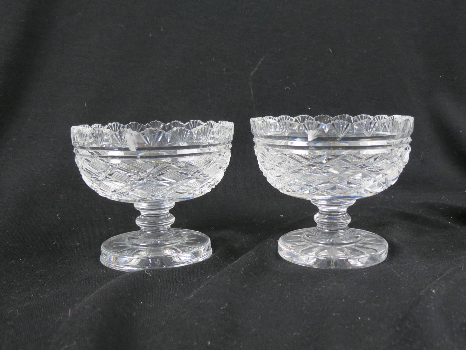 Pair of Waterford Cut Crystal Compotes, early, diamond and fan with banded trim, pedestal  bases, 4 (1 of 5)