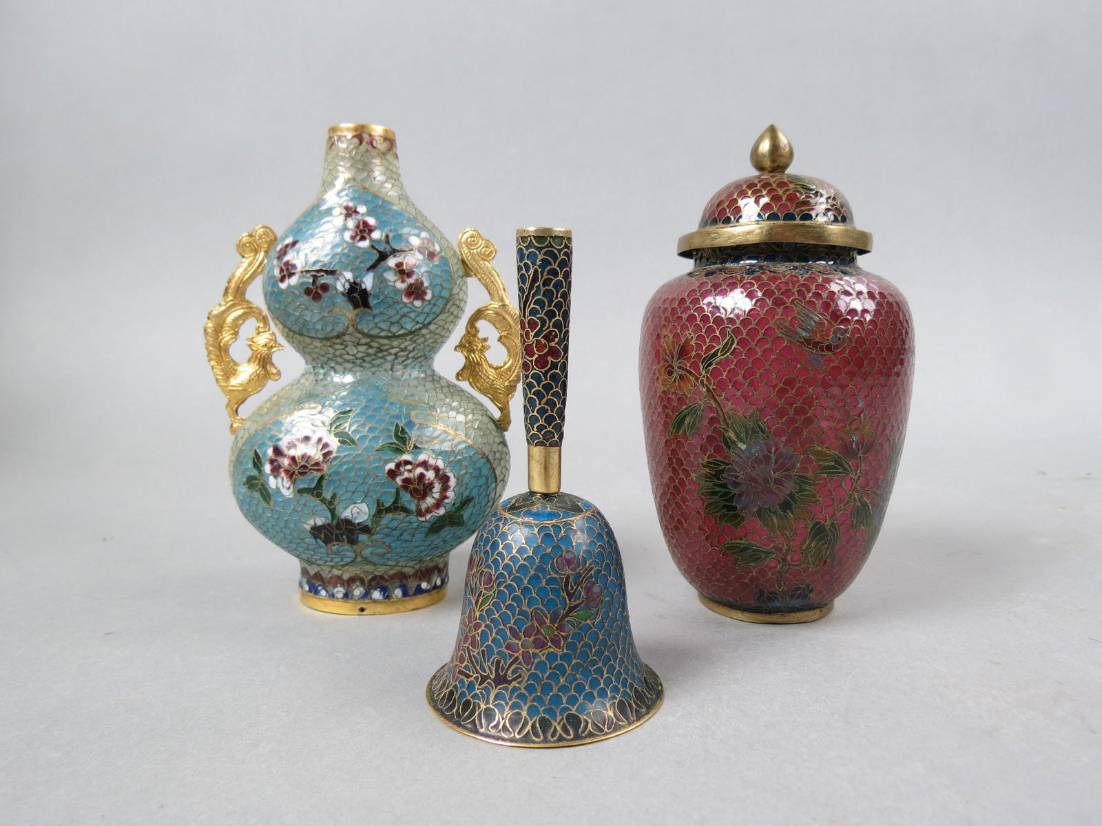 3 pcs. Chinese Translucent Cloisonne, plique-a-jour, vase (5 3/4"), covered jar (5 3/4")  and a bell (1 of 13)