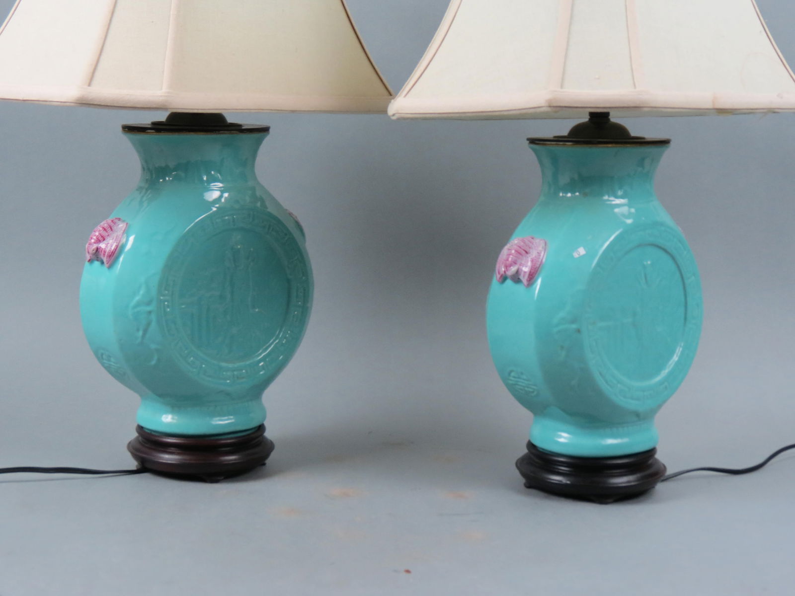 Pair of Chinese Porcelain Lamps, disc form in turquoise with medallions with  Emperor scenes, (1 of 2)