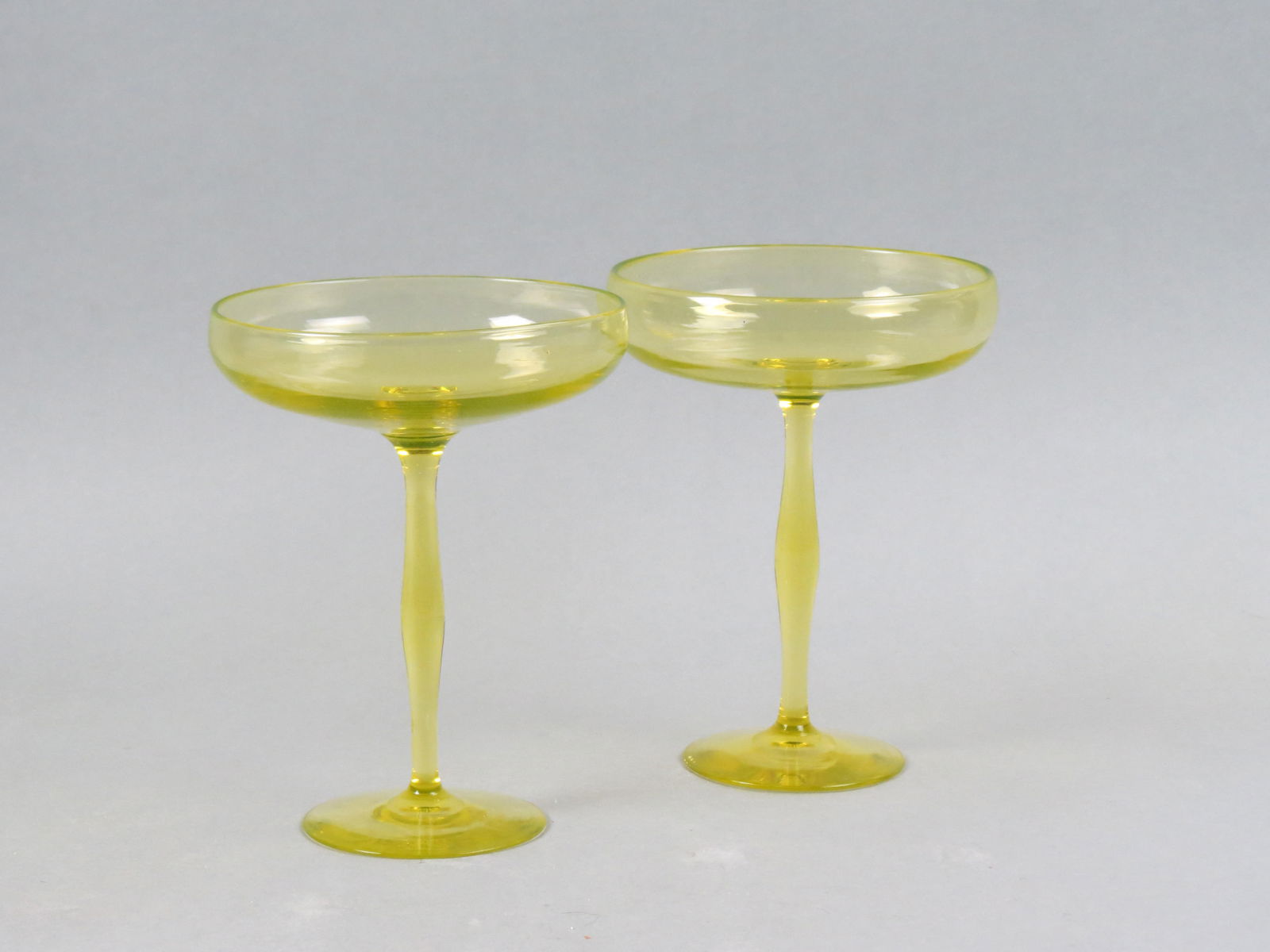 Pair of Vaseline Glass Compotes, possibly Steuben or Pairpoint, 8" tall, 6"  diameter. (1 of 4)