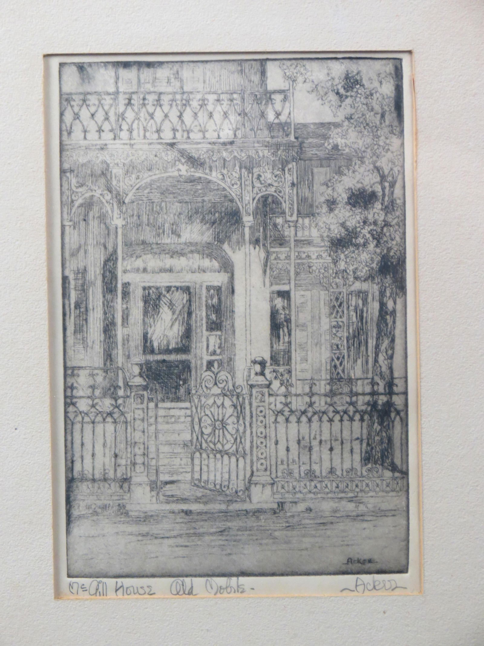 Marian Francis Acker, etching, "McGill House, Old Mobile",  well known artist, image area 7" X 8" (1 of 5)