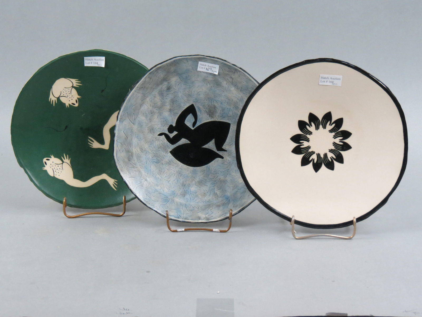 3 Pottery Plates by Leslie C. Miller, art modern style, Woodstock, NY artist, 10"  signed, (1 of 6)