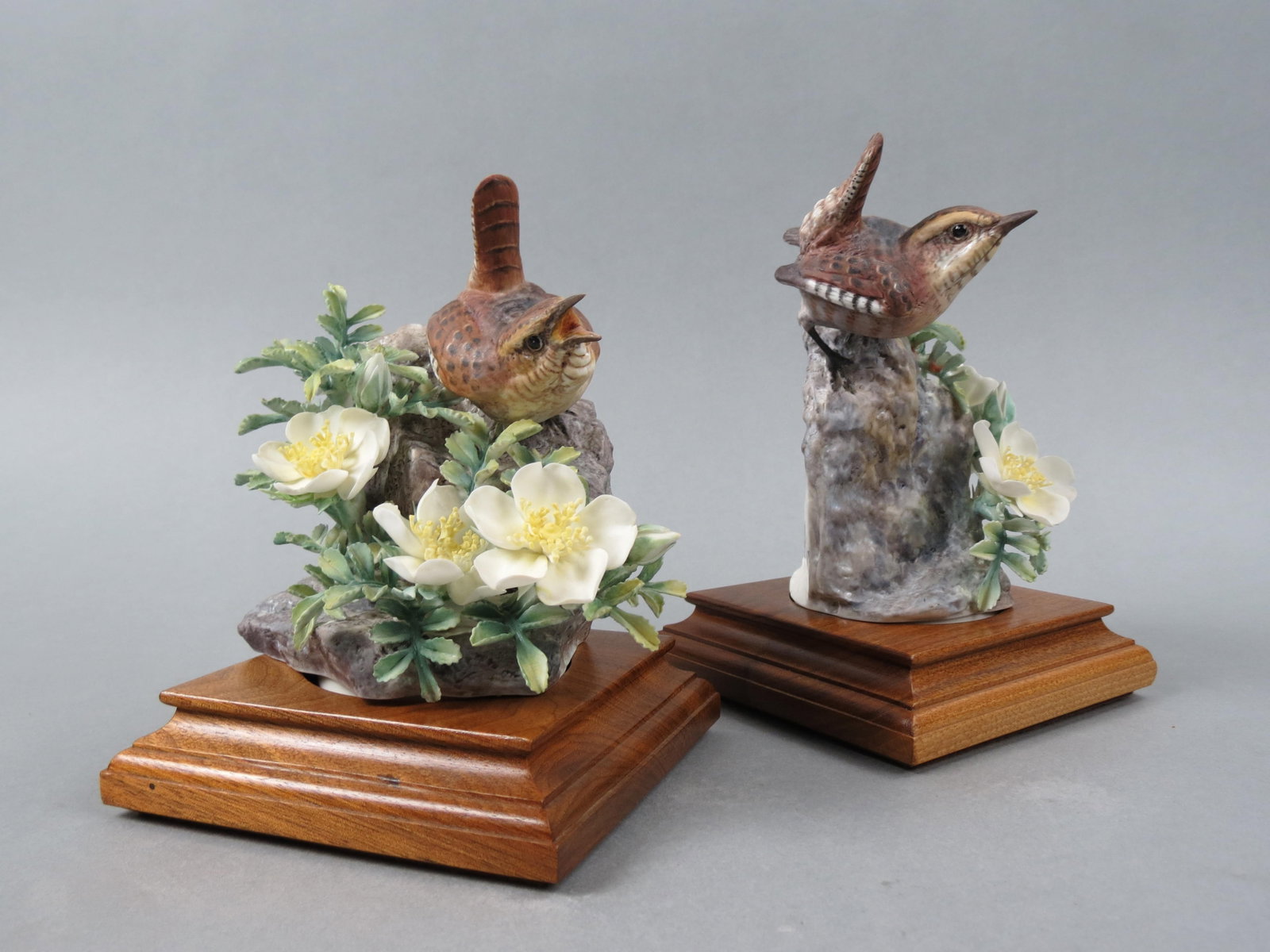 Pair of Royal Worcester Birds by Dorothy Doughty, "Wren and Burnet Roses", male and female, issued: Pair of Royal Worcester Birds by Dorothy Doughty, "Wren and Burnet Roses", male and female, issued in 1964, 6 1/2" plus wood bases.....Dorothy Doughty was born in San Remo, Italy in 1892. Her father w