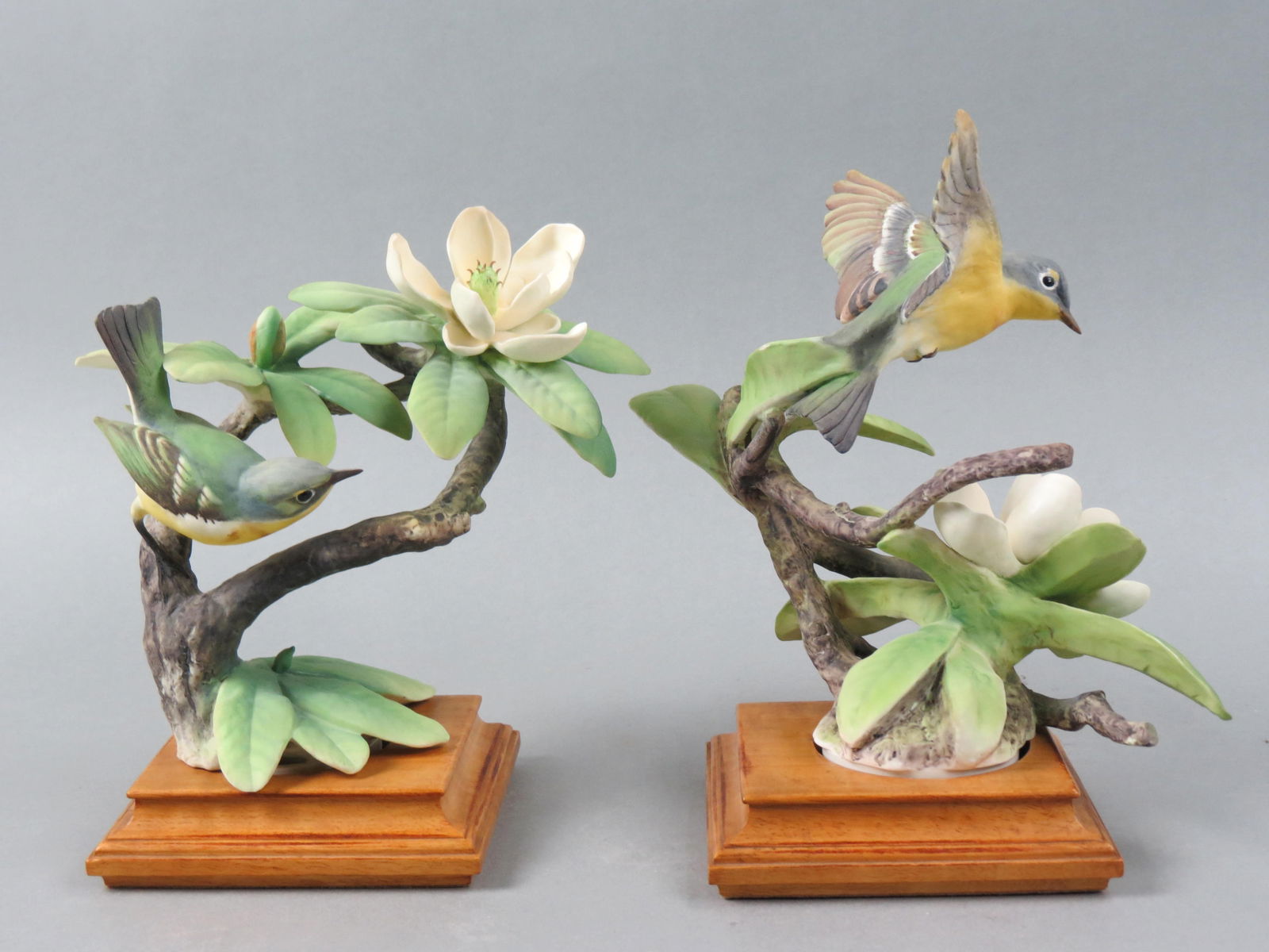 Pair of Royal Worcester Birds by Dorothy Doughty, "Parula Warblers & Sweet Bay", male and female,: Pair of Royal Worcester Birds by Dorothy Doughty, "Parula Warblers & Sweet Bay", male and female, issued in 1957, 9 1/2" tall plus wooden bases.....le and female, issued in 1964, 6 1/2" plus wood base