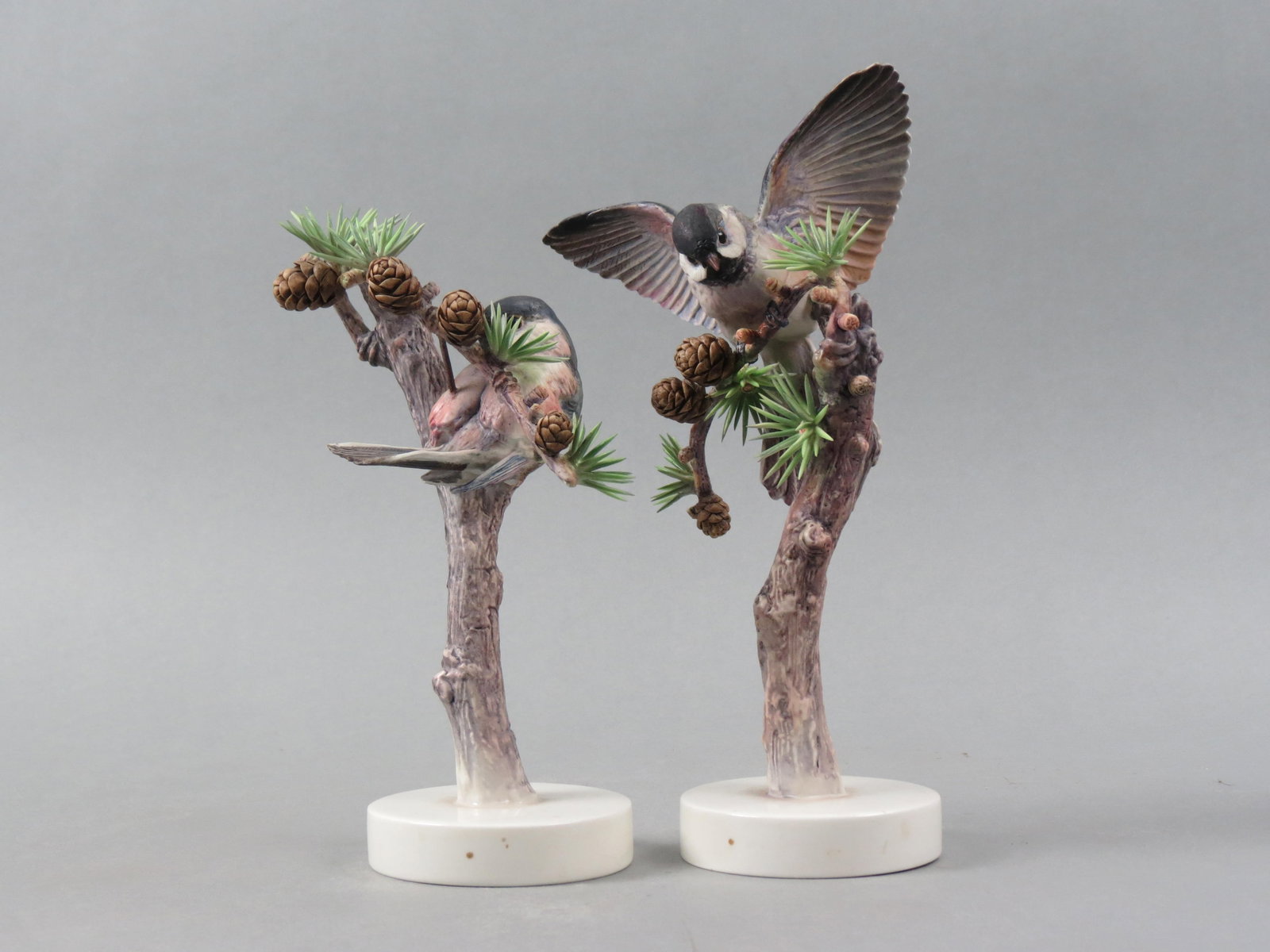 Pair of Royal Worcester Birds by Dorothy Doughty, "Chickadee & Larch", male and female, 9 1/2", with: Pair of Royal Worcester Birds by Dorothy Doughty, "Chickadee & Larch", male and female, 9 1/2", with original wooden boxes. a scarcer pair, only 325 made. In 1980 Sole Representative Douglas Lorie, In