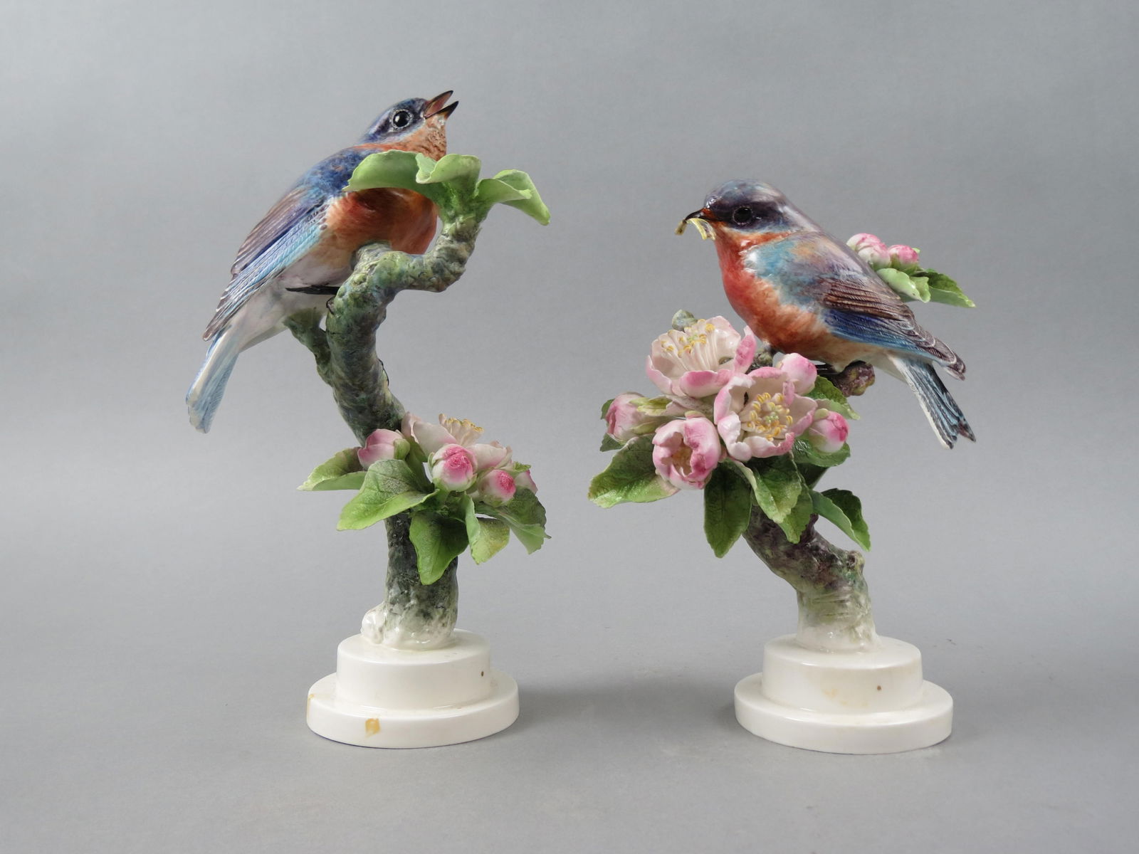 Pair of Royal Worcester Birds by Dorothy Doughty, "Bluebirds", male and female, 10 1/4" tall, with: Pair of Royal Worcester Birds by Dorothy Doughty, "Bluebirds", male and female, 10 1/4" tall, with original wooden boxes.....le and female, issued in 1964, 6 1/2" plus wood bases.....Dorothy Doughty w