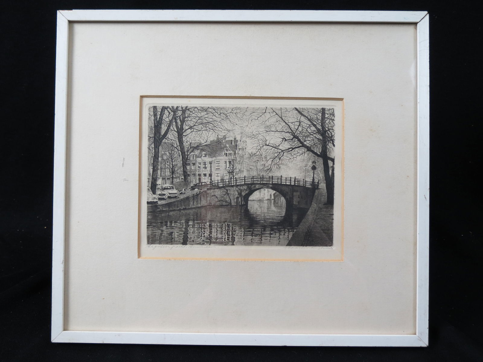Maarten Langbroek, etching, Amsterdam, cityscape with 1940's automobiles and cityscape  with bridge (1 of 6)