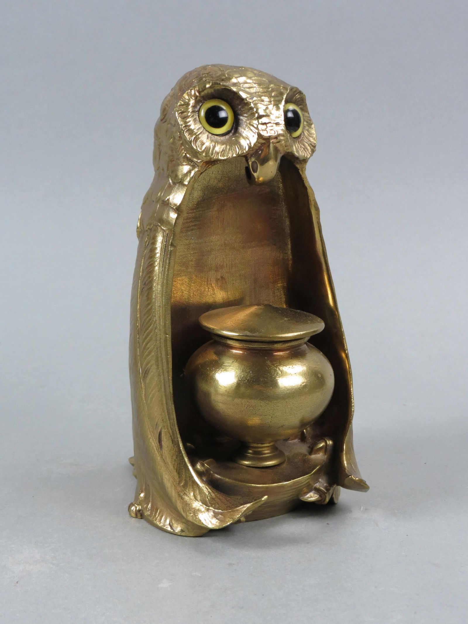 Figural Brass Owl Inkwell, glass eyes, 7 3/4" tall, fine detail, circa 1900. (1 of 6)