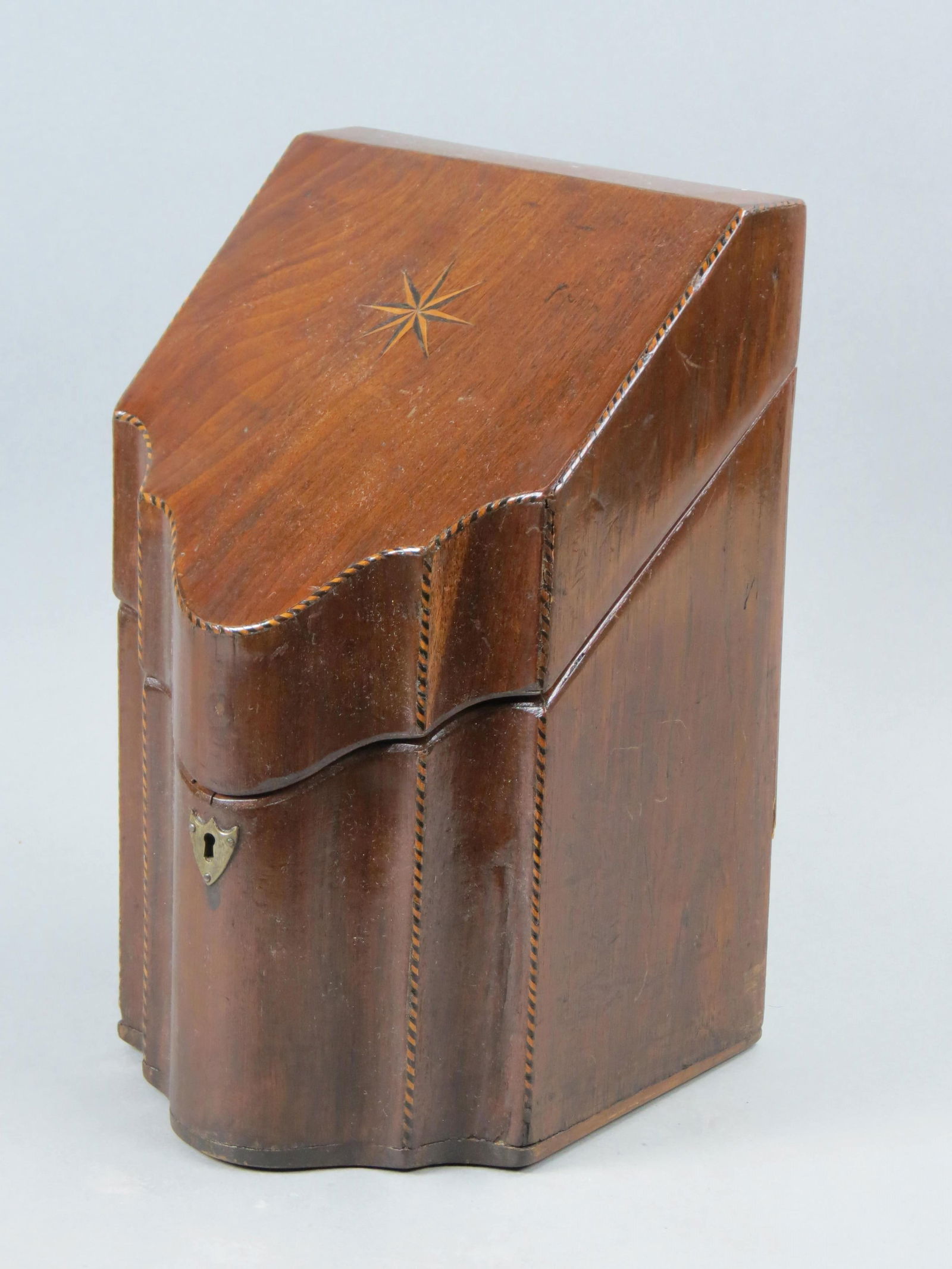 English Mahogany Knife or Cutlery Box, fine inlay, inner divider, 14" tall, locking. (1 of 5)