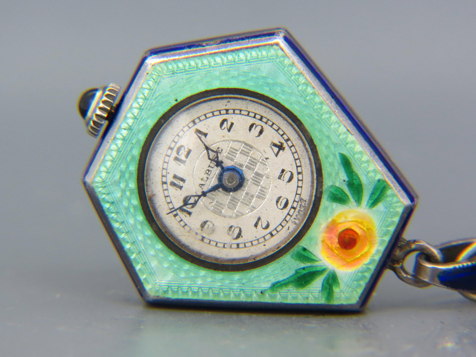 Enameled Sterling Pendant Watch, Art Deco, by Albuse, one side with swallow in flight,  sailboat and (1 of 5)