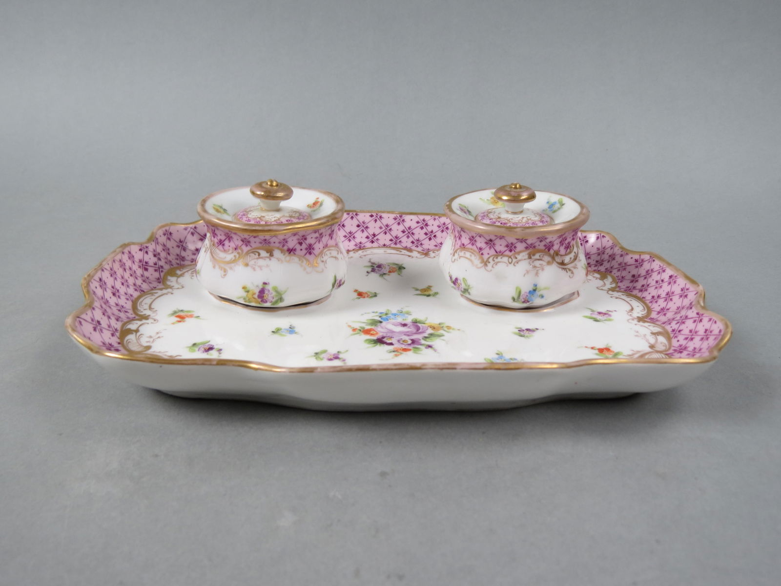 Fine Hand Painted German Porcelain Inkstand, double well, floral sprays, 7" X 10", signed  Weihn, (1 of 4)